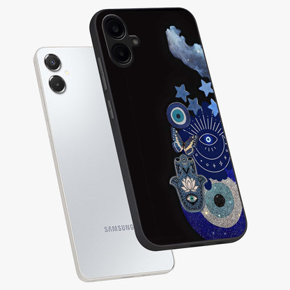 Galactic Charm Cluster Glass Case displayed in angled mockup highlighting luminous galaxy inspired design with dreamy aesthetic.
