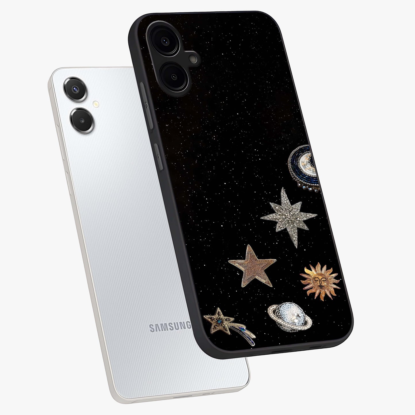 Galactic Charm Glow Glass Case displayed in angled mockup highlighting luminous galaxy inspired design with dreamy aesthetic.