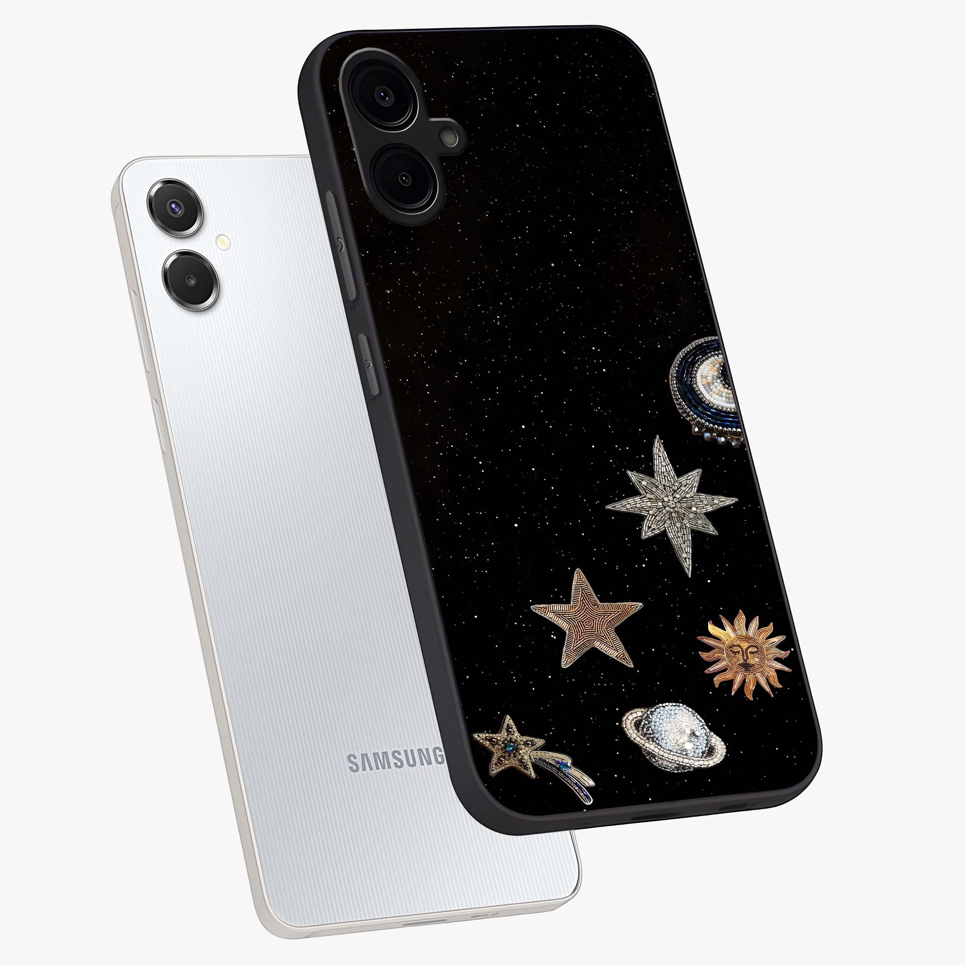 Galactic Charm Glow Glass Case displayed in angled mockup highlighting luminous galaxy inspired design with dreamy aesthetic.