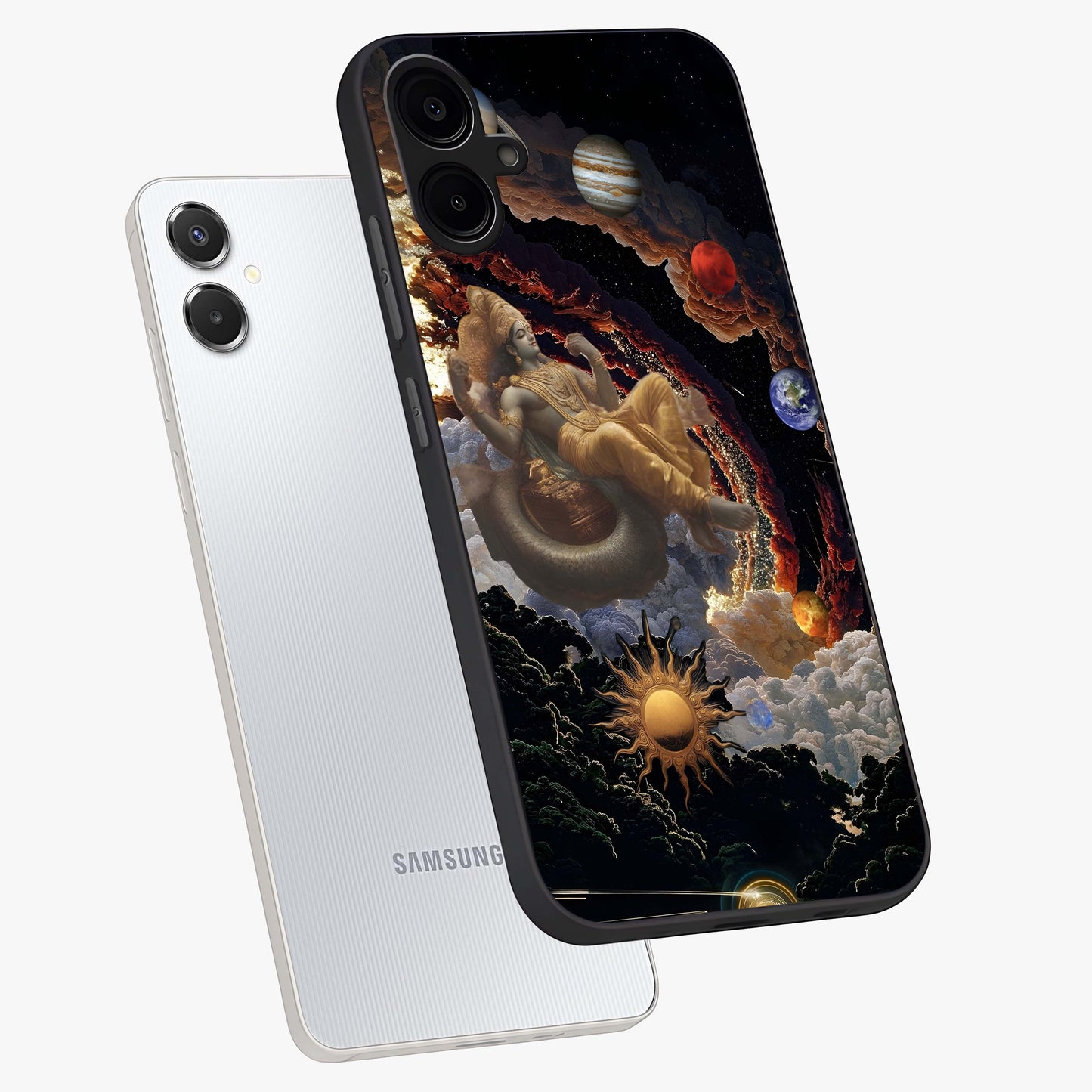 Galactic Divine God Glass Case displayed in angled mockup highlighting powerful celestial deity illustration with galactic aesthetic.