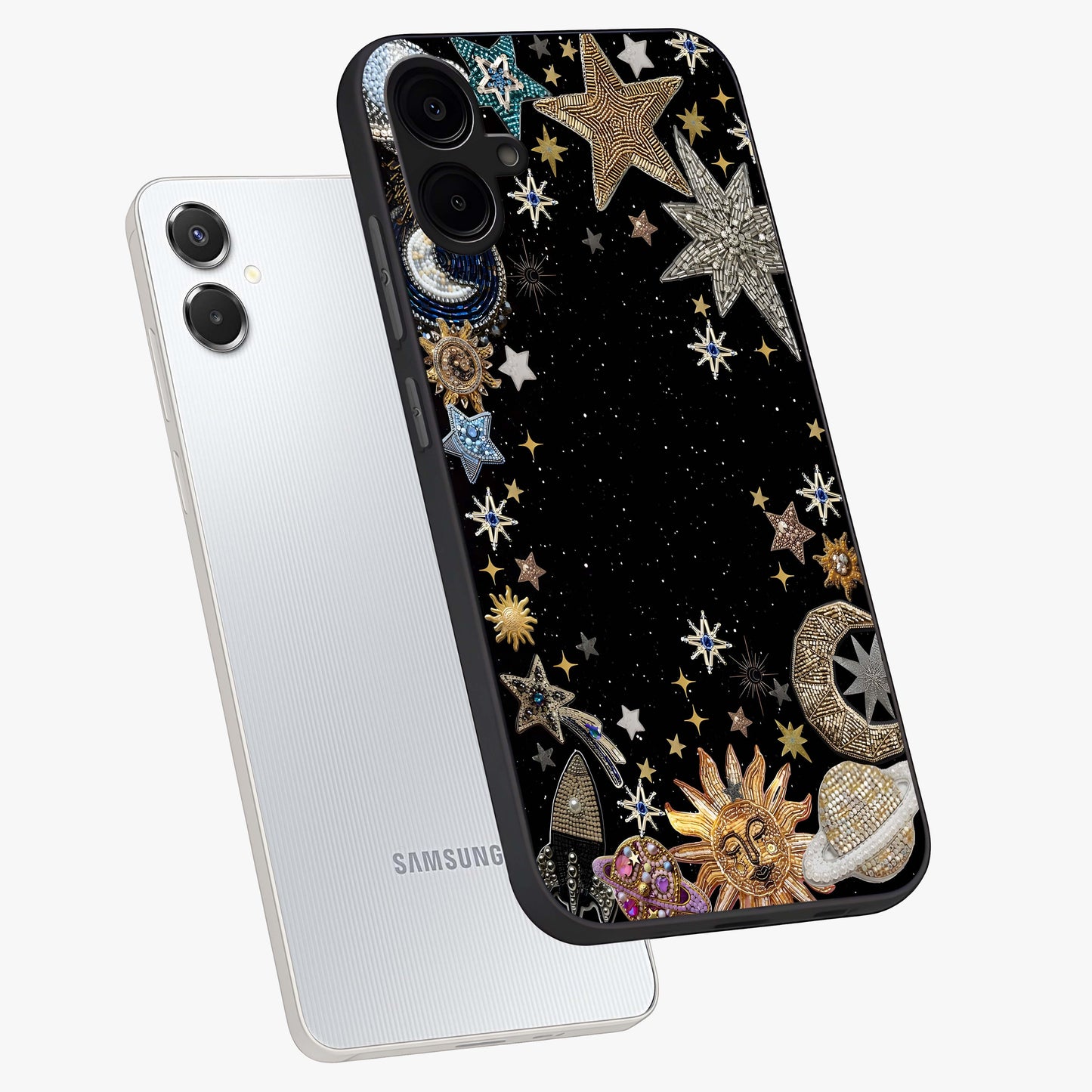 Galactic Jewel Stars Glass Case displayed in angled mockup highlighting shining celestial star design with cosmic aesthetic style.