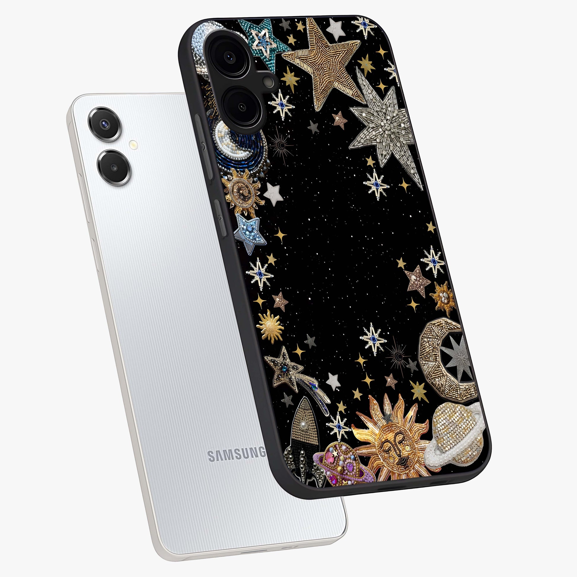 Galactic Jewel Stars Glass Case displayed in angled mockup highlighting shining celestial star design with cosmic aesthetic style.