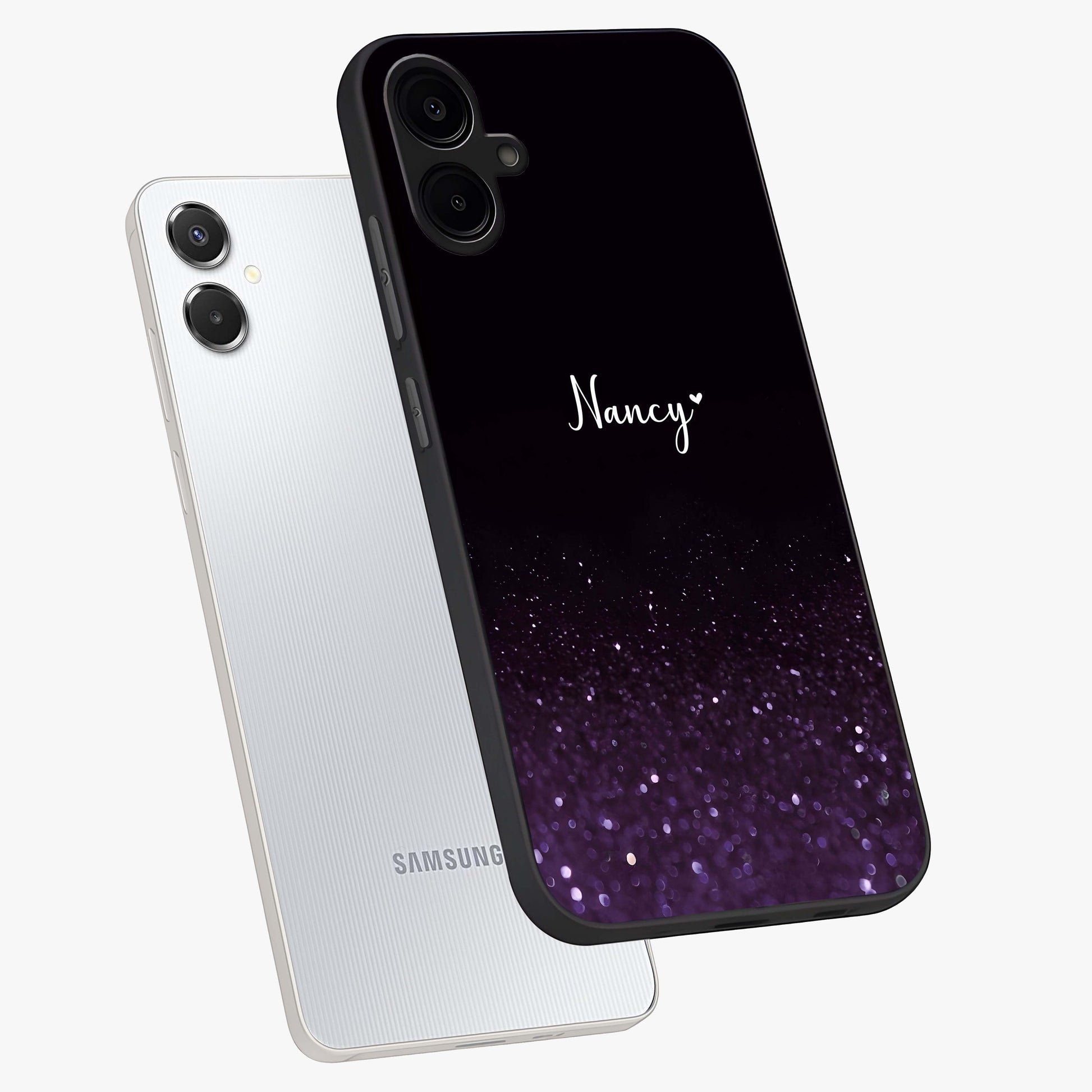 Glittery Purple Bokeh Custom Name Glass Case displayed in angled mockup highlighting glitter bokeh pattern with custom name feature.