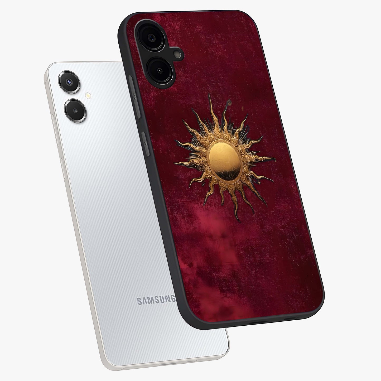 Golden Sun Minimalism Glass Case displayed in angled mockup highlighting clean sun symbol design with modern minimal aesthetic.