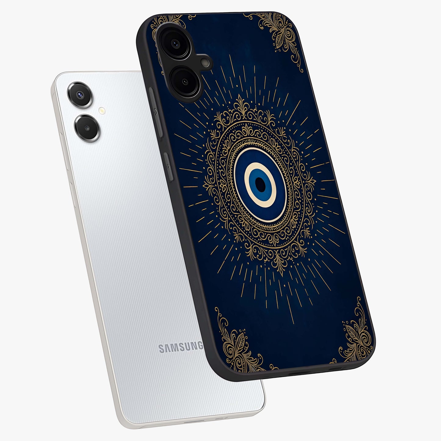 Golden Celestial Charm Glass Case displayed in angled mockup highlighting sparkling cosmic charm design with celestial aesthetic.