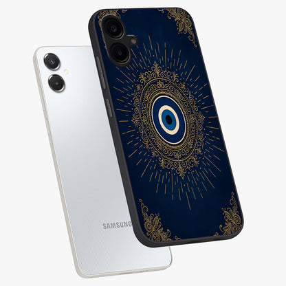 Golden Celestial Charm Glass Case displayed in angled mockup highlighting sparkling cosmic charm design with celestial aesthetic.