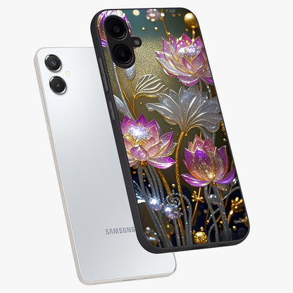 Golden Floral Majesty Glass Case displayed in angled mockup highlighting elegant flower design with royal golden aesthetic.