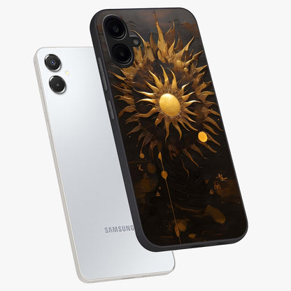 Golden Sun Majesty Glass Case displayed in angled mockup highlighting eerie shadow illustration with gothic aesthetic.