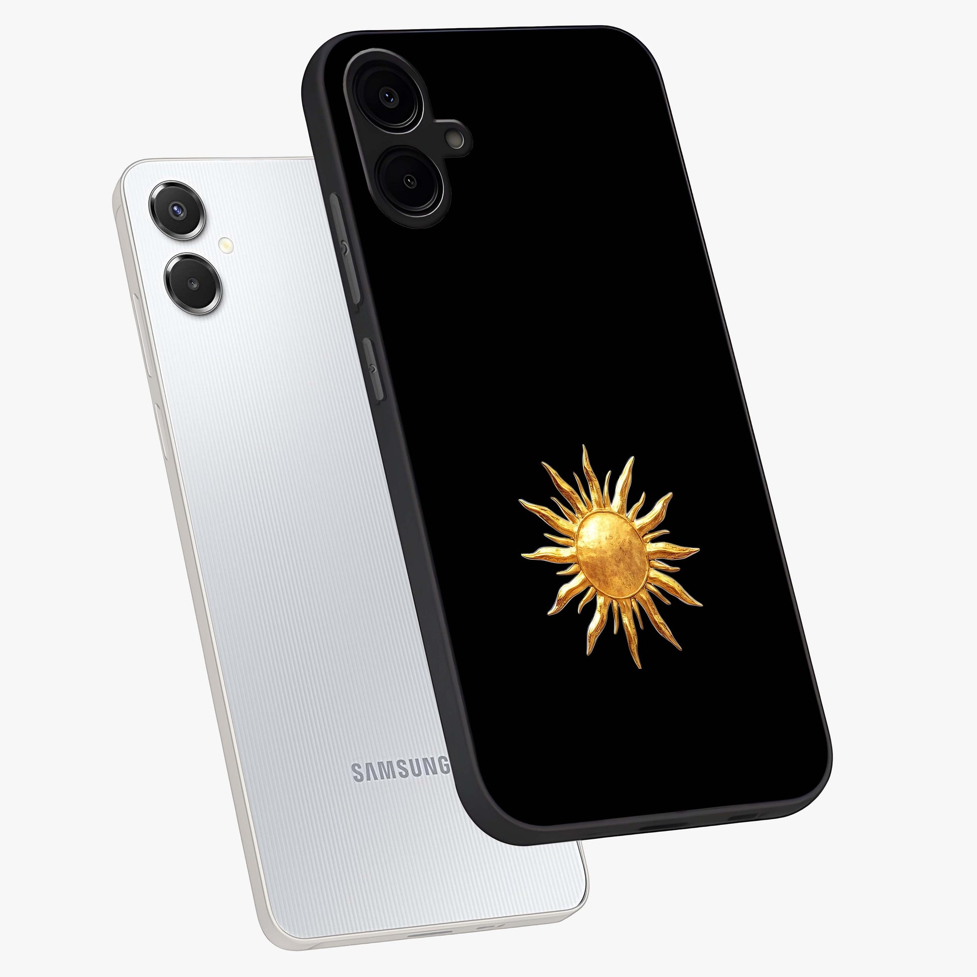 Golden Sun Minimalism Glass Case displayed in angled mockup highlighting eerie shadow illustration with gothic aesthetic.