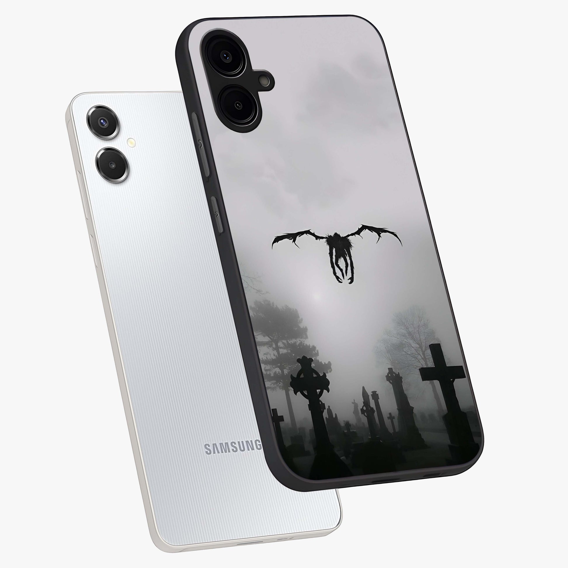 Graveyard Shadow Descent Glass Case displayed in angled mockup highlighting eerie shadow illustration with gothic aesthetic.