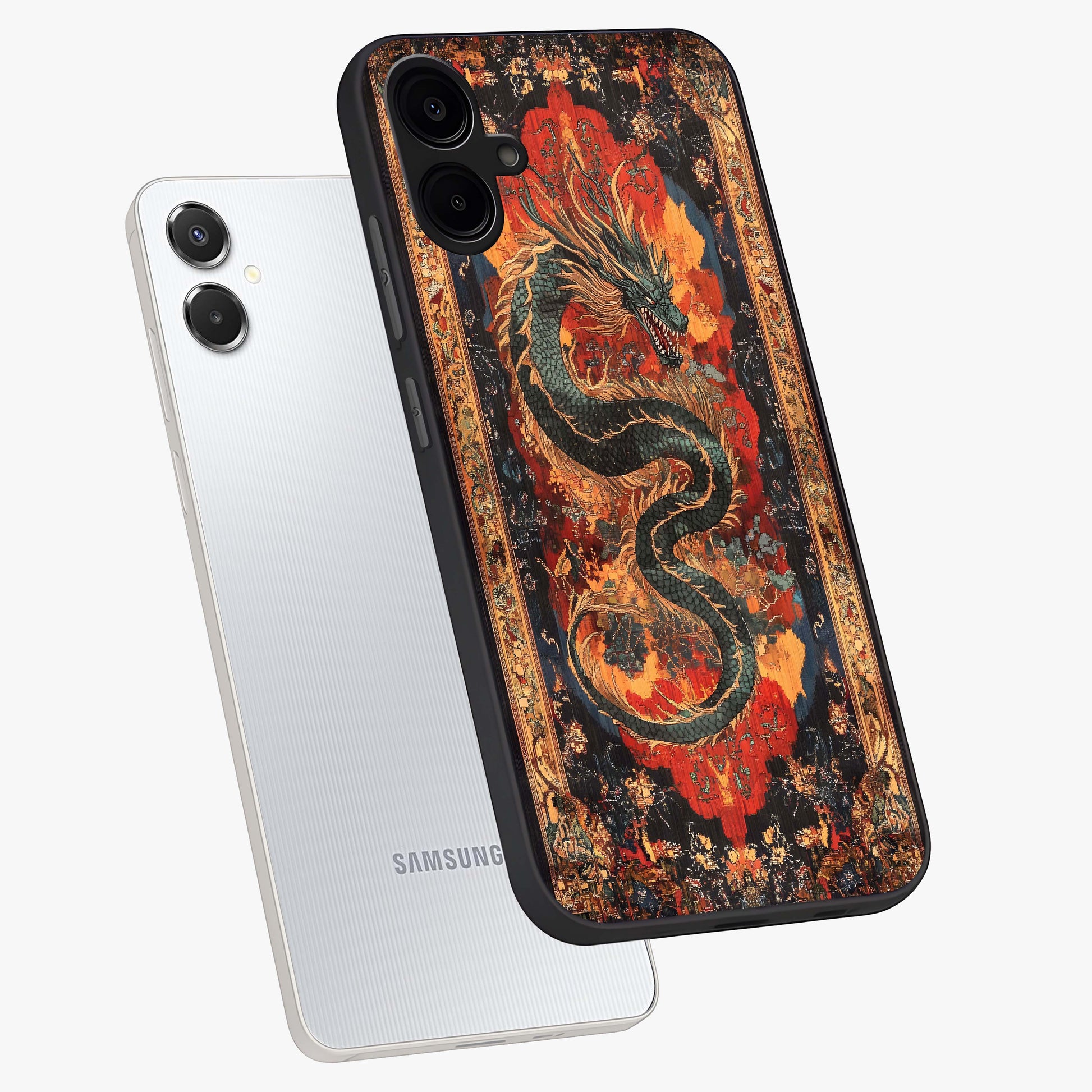 Inferno Dragon Soul Glass Case displayed in angled mockup highlighting powerful dragon illustration with inferno aesthetic.