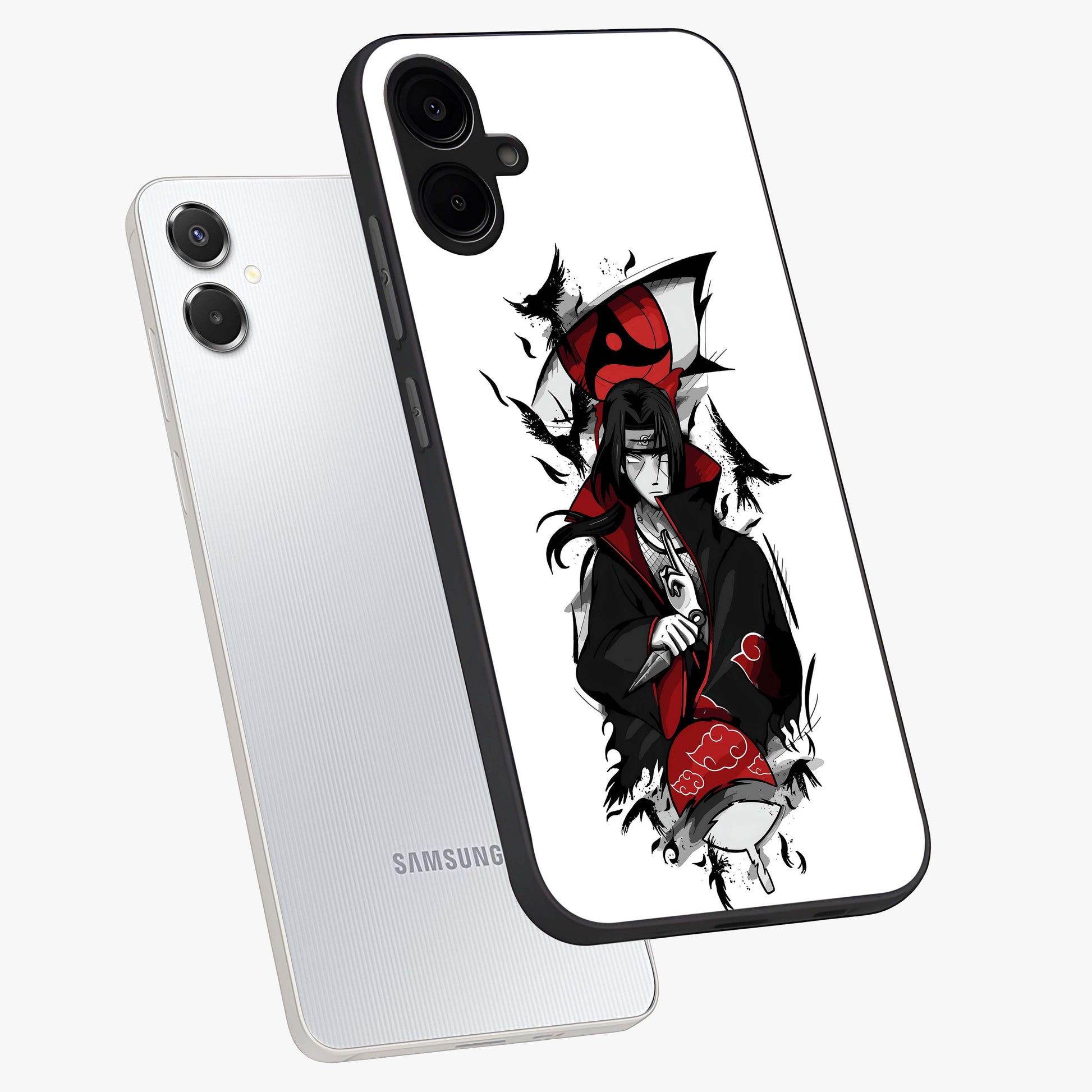 Itachi Limited Edition Naruto Anime Glass Case displayed in angled mockup highlighting dramatic anime illustration with bold action aesthetic.