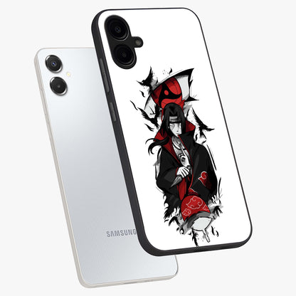 Itachi Limited Edition Naruto Anime Glass Case displayed in angled mockup highlighting dramatic anime illustration with bold action aesthetic.
