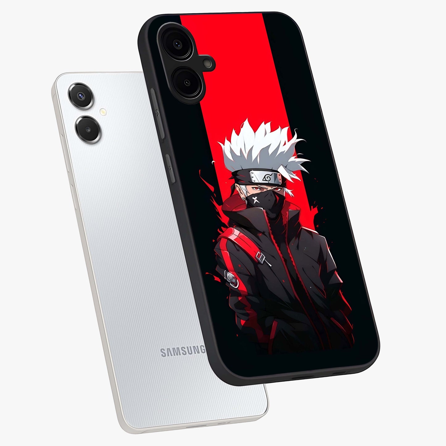 Kakashi Scarlet Shadow Glass Case displayed in angled mockup highlighting dramatic ninja illustration with scarlet themed aesthetic.
