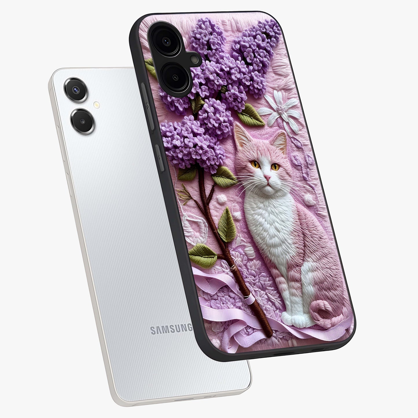 Lavender Cat Whimsy Glass Case displayed in angled mockup highlighting playful feline illustration with pastel lavender aesthetic.