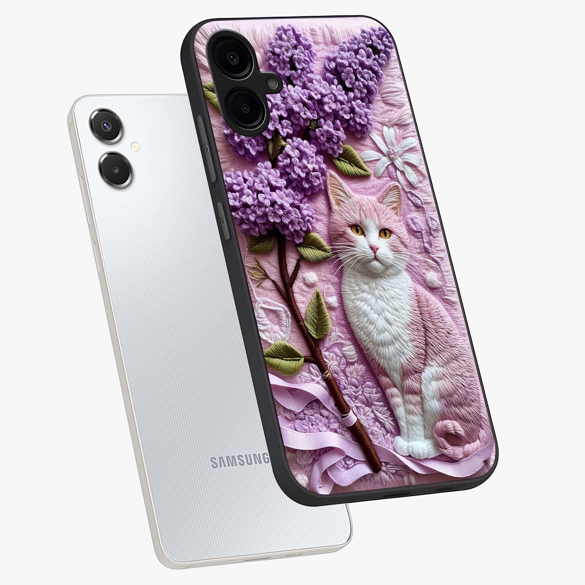 Lavender Cat Whimsy Glass Case displayed in angled mockup highlighting playful feline illustration with pastel lavender aesthetic.