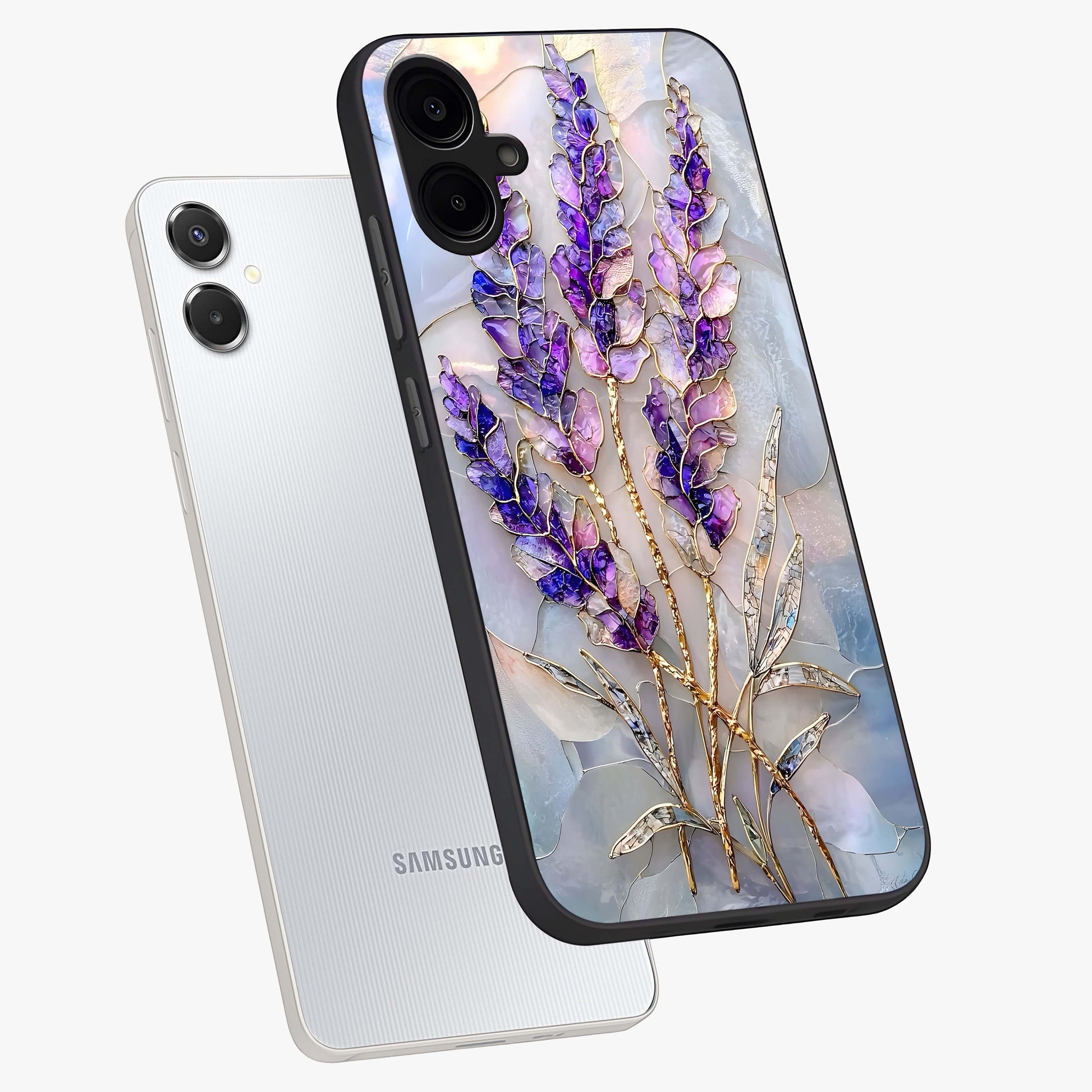 Lavender Dream Glow Glass Case displayed in angled mockup highlighting dreamy purple glow design with soft artistic style.