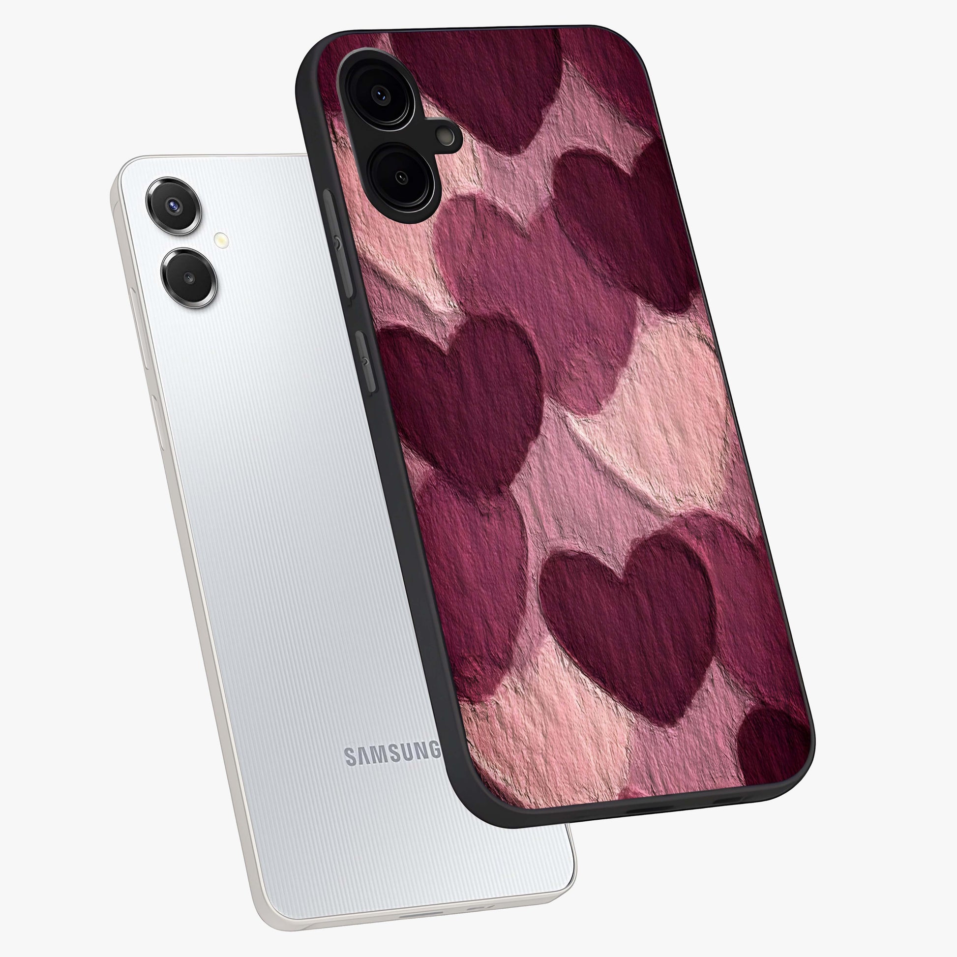 Layered Paper Hearts Glass Case displayed in angled mockup highlighting creative paper craft heart design with romantic aesthetic.