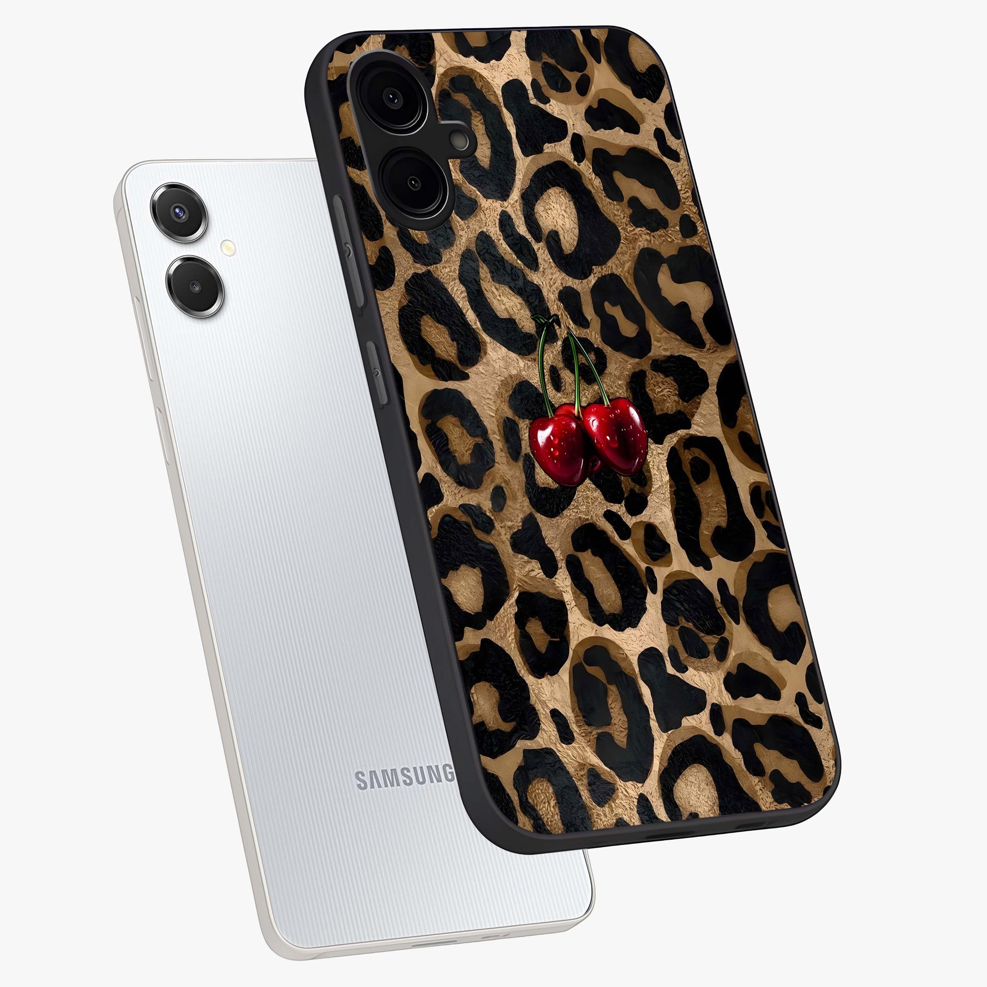 Leopard Wild Cherry Glass Case displayed in angled mockup highlighting bold animal print design with playful cherry aesthetic.