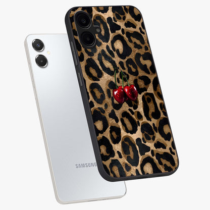 Leopard Wild Cherry Glass Case displayed in angled mockup highlighting bold animal print design with playful cherry aesthetic.
