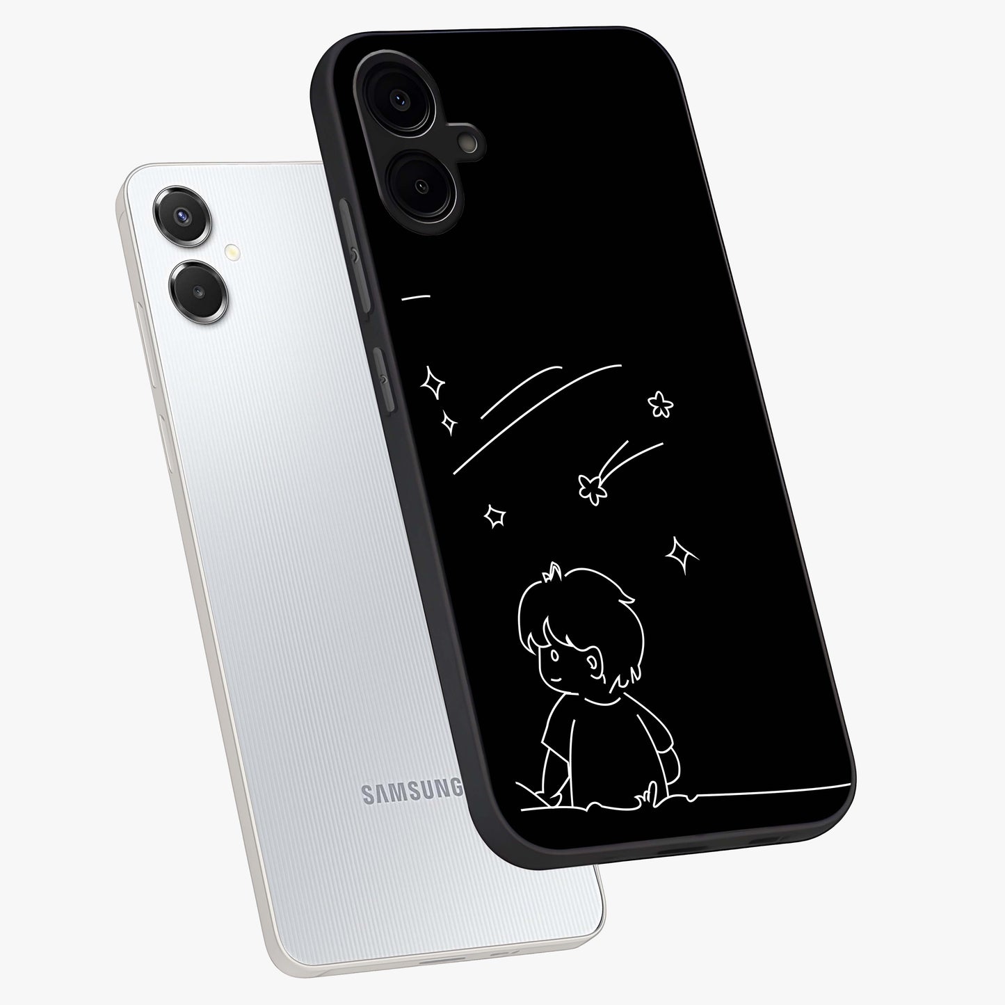 Line Art Boy With Shooting Stars Glass Case displayed in angled mockup highlighting elegant line art design with dreamy star aesthetic.