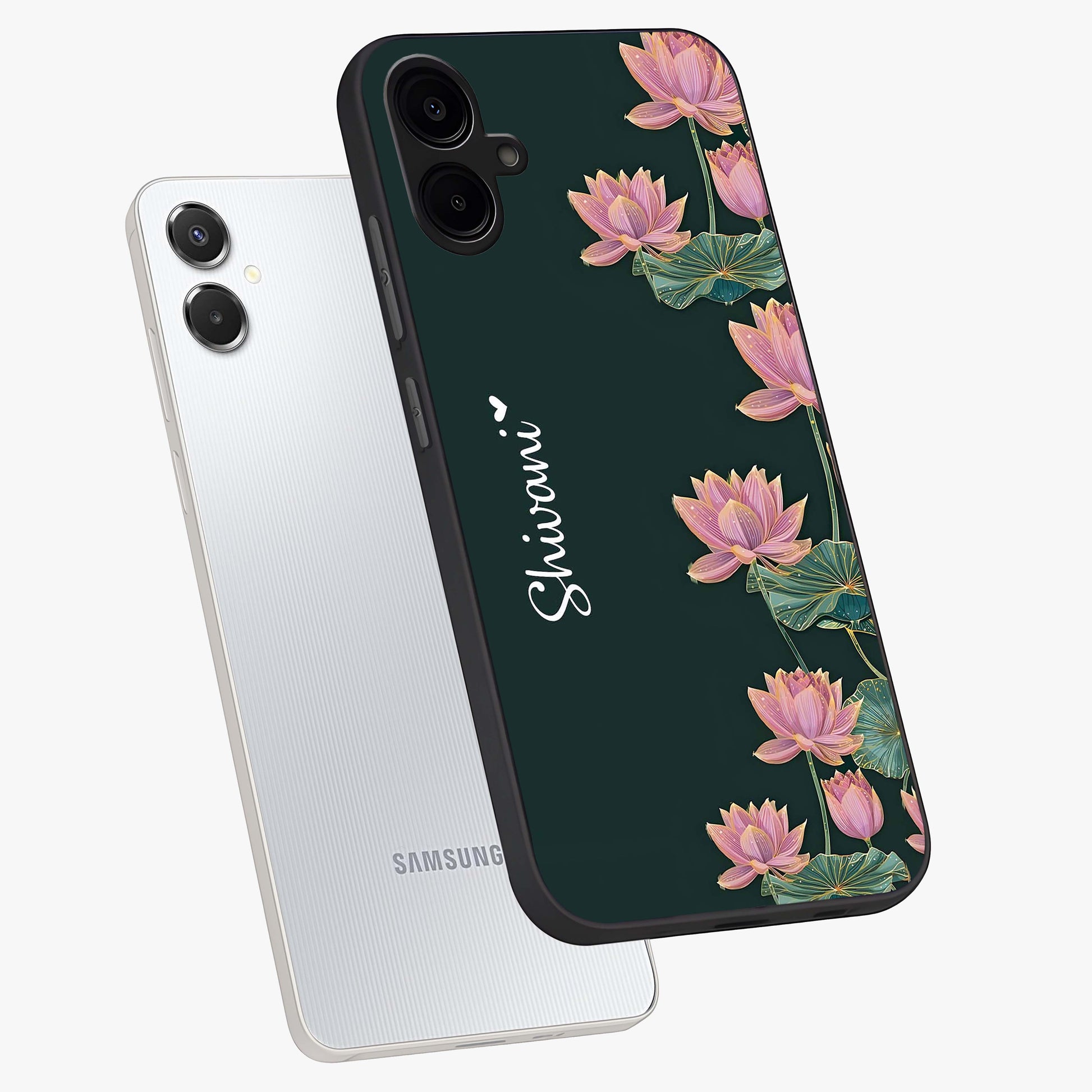 Lotus Bloom Serenity Custom Name Glass Case displayed in angled mockup highlighting graceful lotus illustration with custom name feature.
