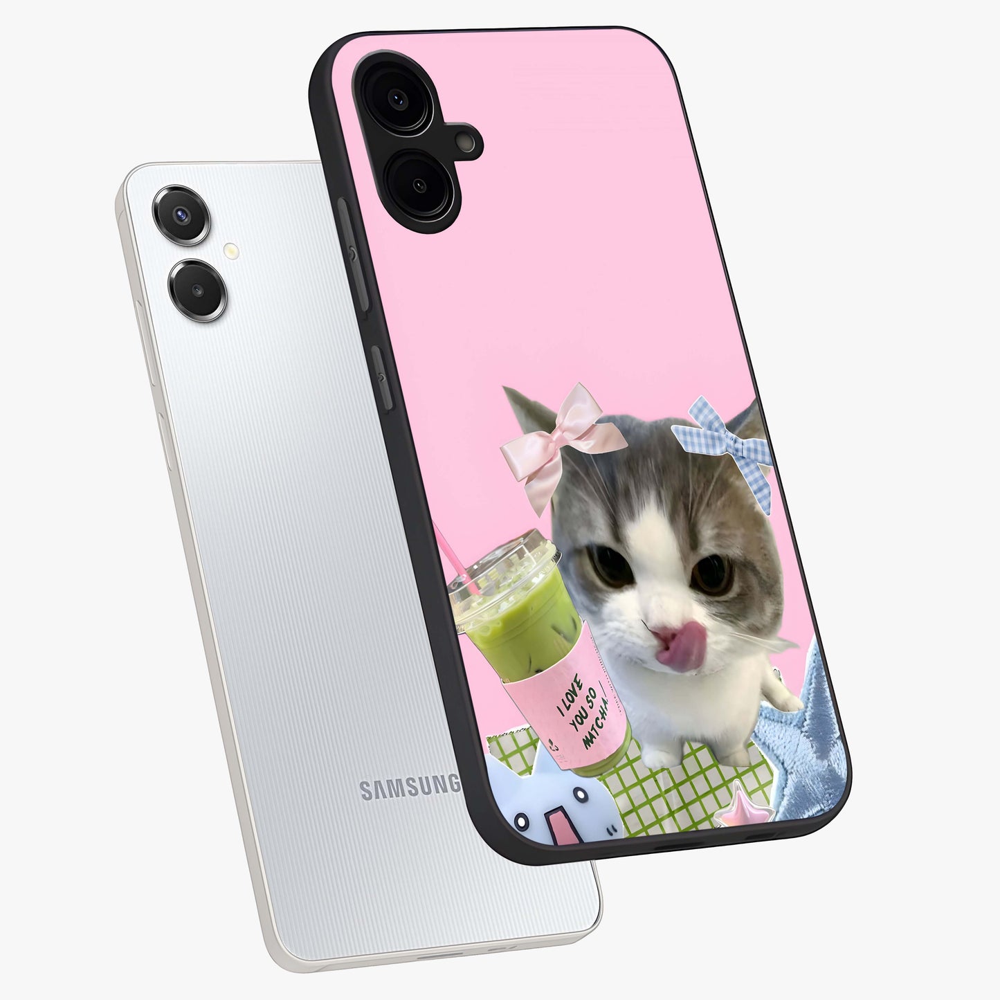 Love Matcha Cat Glass Case displayed in angled mockup highlighting playful feline illustration with cozy matcha aesthetic.