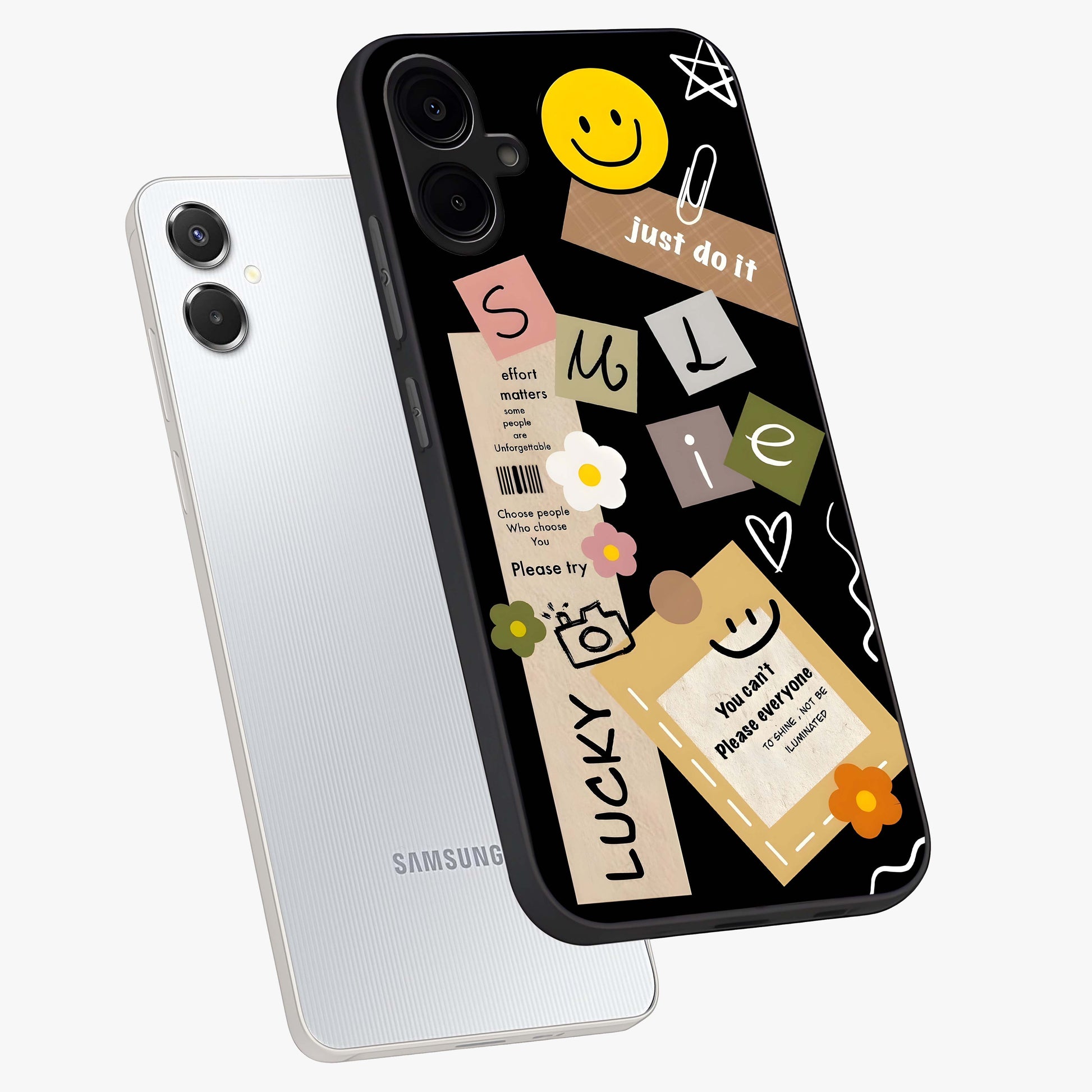 Lucky Aesthetic Collage Glass Case displayed in angled mockup highlighting stylish collage pattern with modern aesthetic vibe.