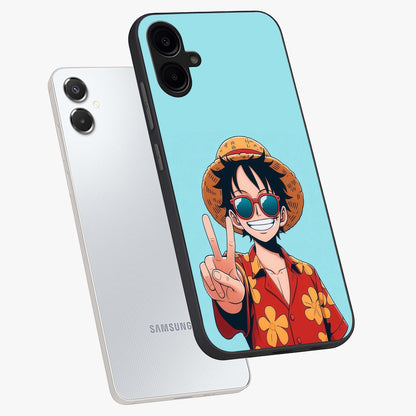 Luffy Summer Anime Vibe Glass Case displayed in angled mockup highlighting energetic anime illustration with summer vibe aesthetic.