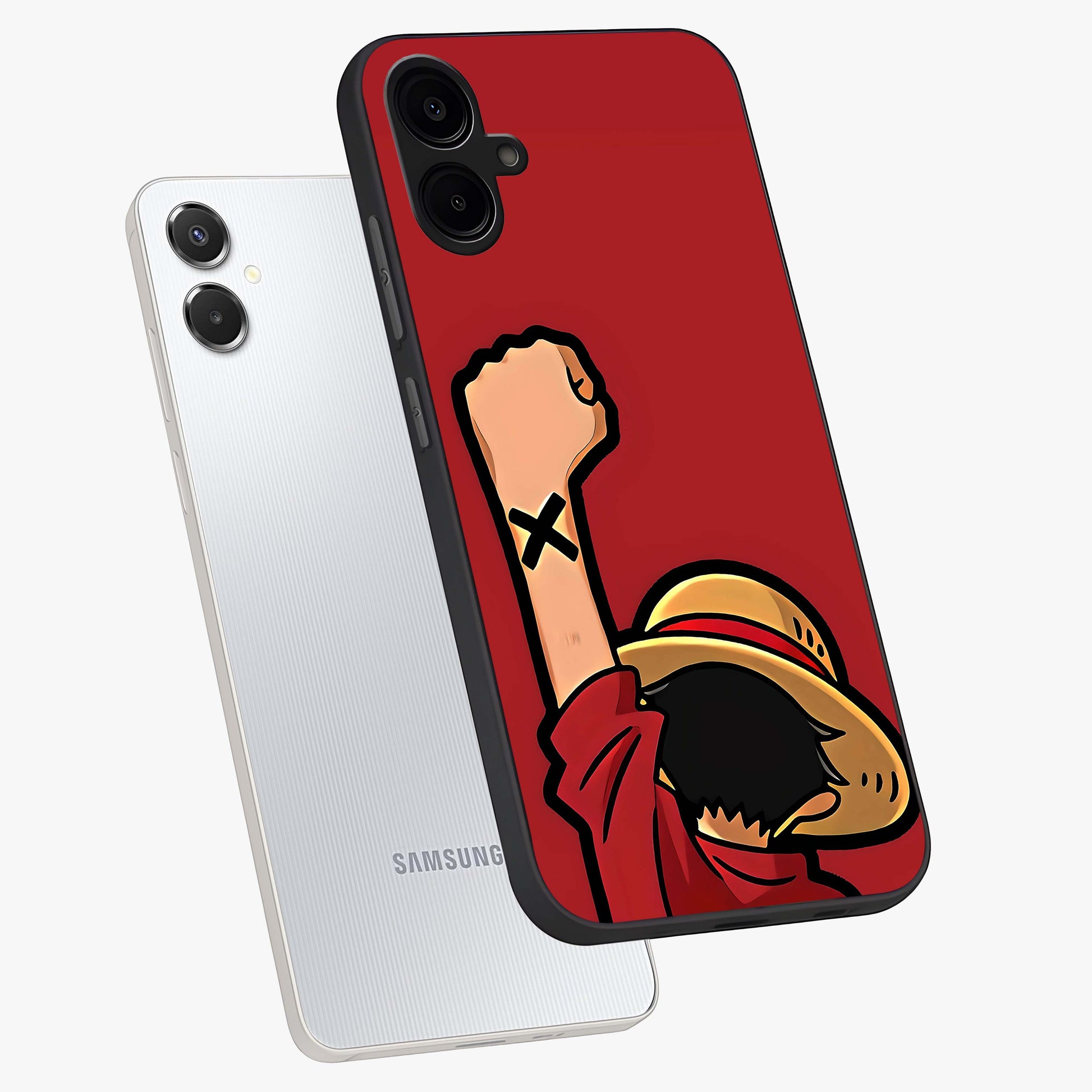 Luffy X Spirit Glass Case displayed in angled mockup highlighting powerful anime design with energetic action aesthetic.