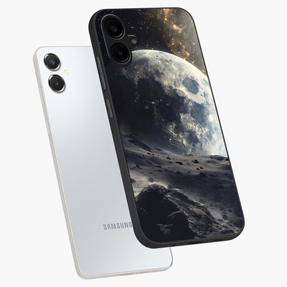 Lunar Horizon Glow Glass Case displayed in angled mockup highlighting celestial moon design with dreamy night aesthetic.