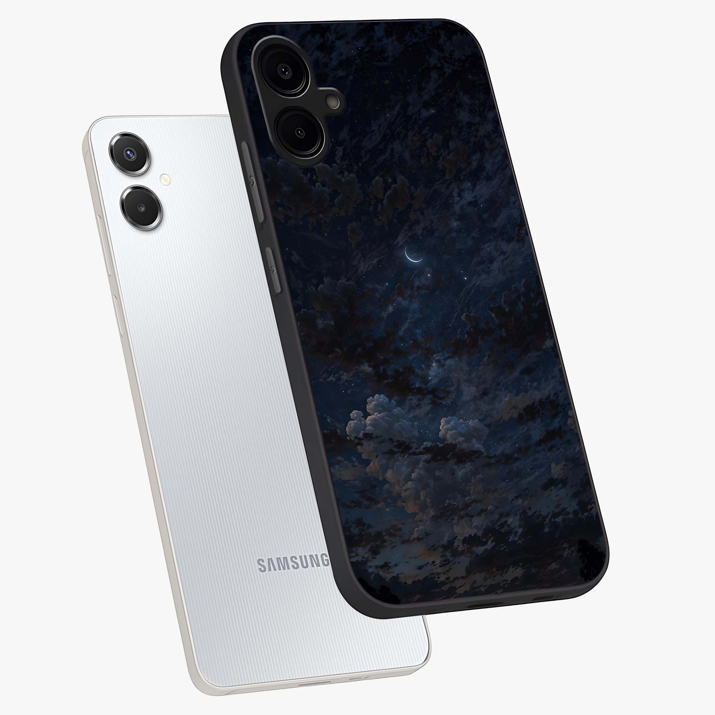 Lunar Veil Silence Glass Case displayed in angled mockup highlighting soft lunar design with peaceful celestial aesthetic.