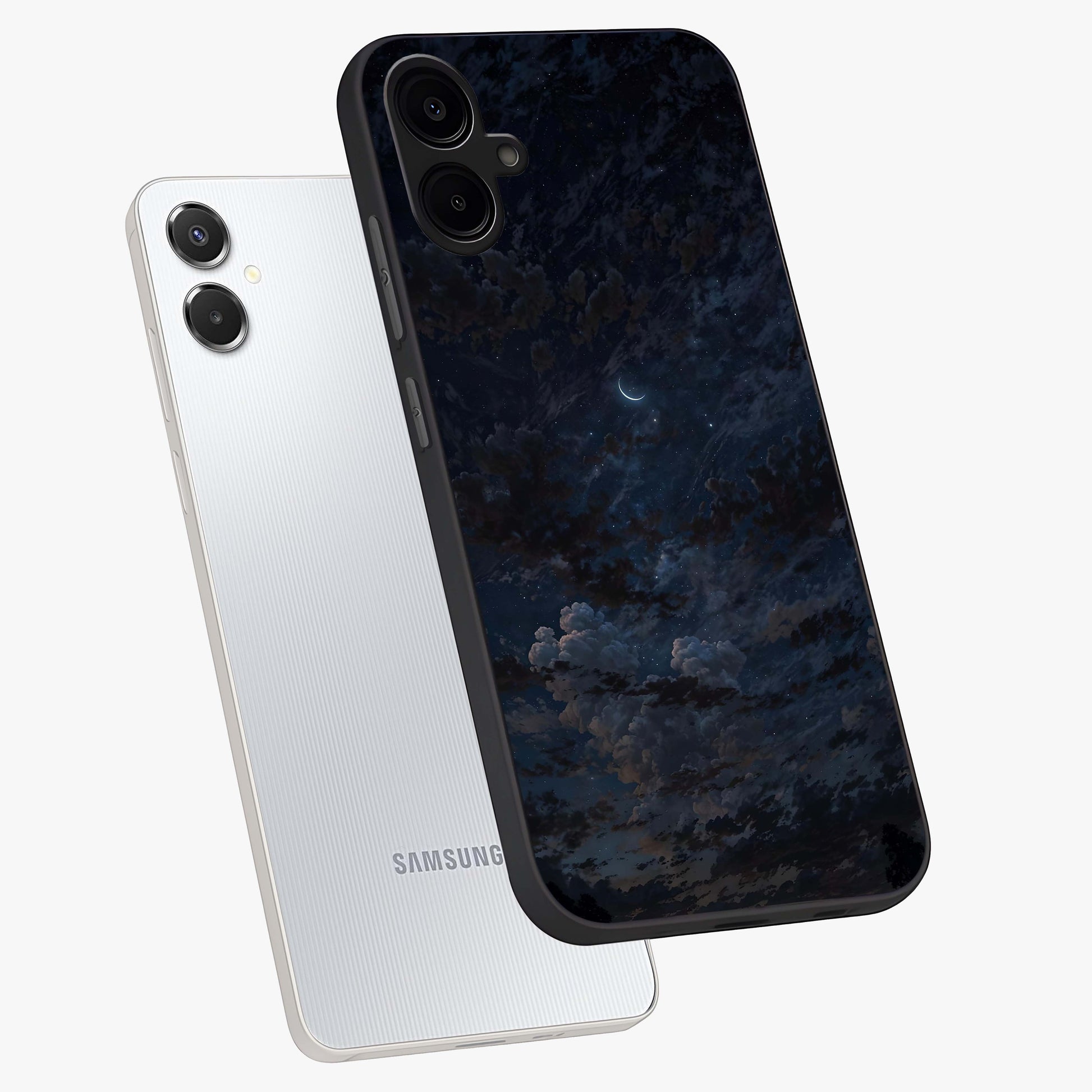 Lunar Veil Silence Glass Case displayed in angled mockup highlighting soft lunar design with peaceful celestial aesthetic.