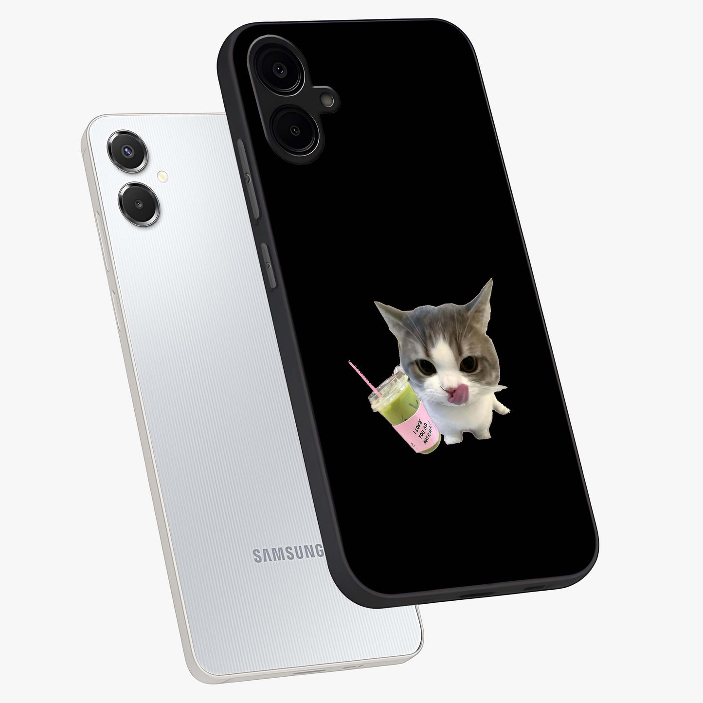 Matcha Cat Style Glass Case displayed in angled mockup highlighting playful feline design with pastel matcha aesthetic.