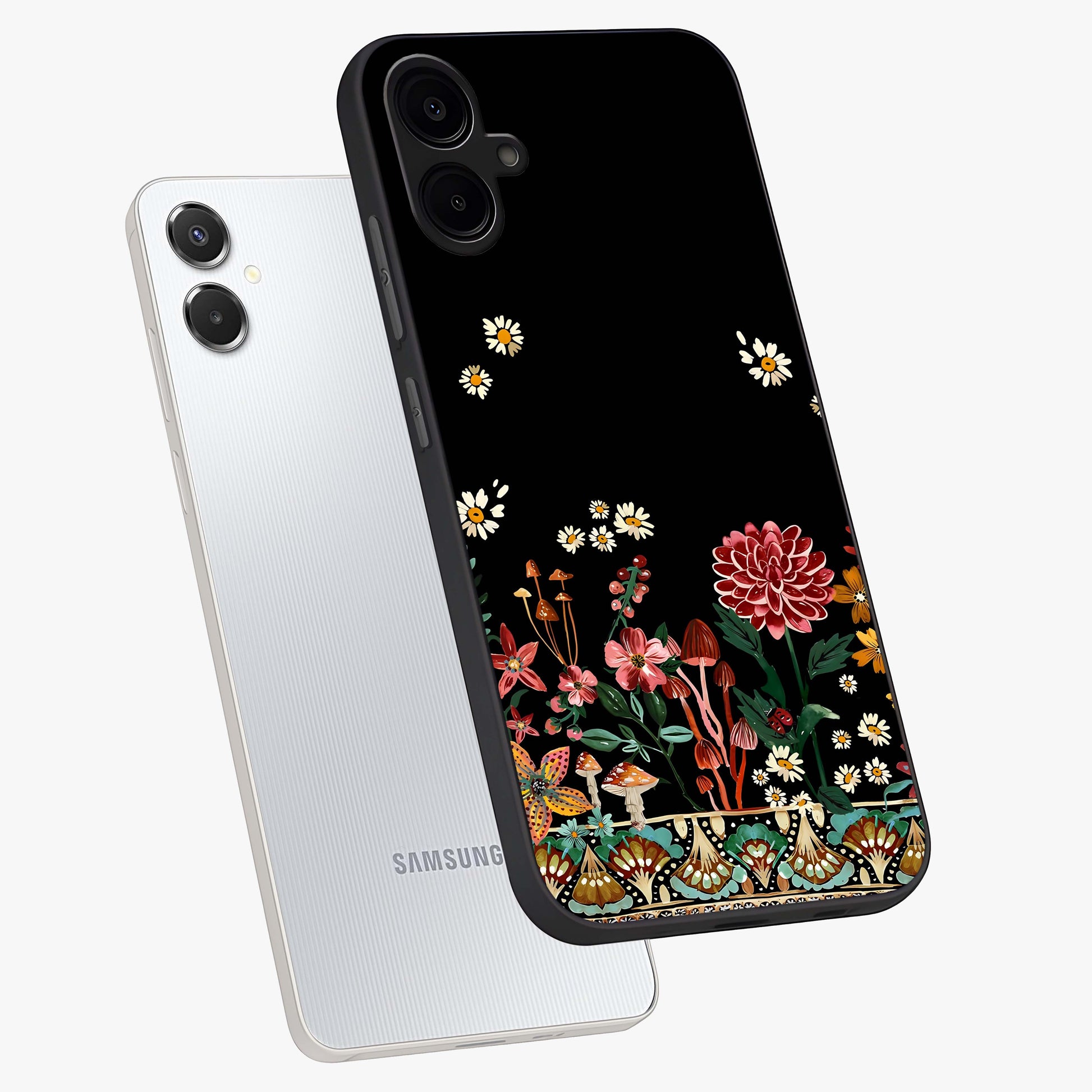 Midnight Bloom Pattern Glass Case displayed in angled mockup highlighting elegant flower design with midnight aesthetic style.
