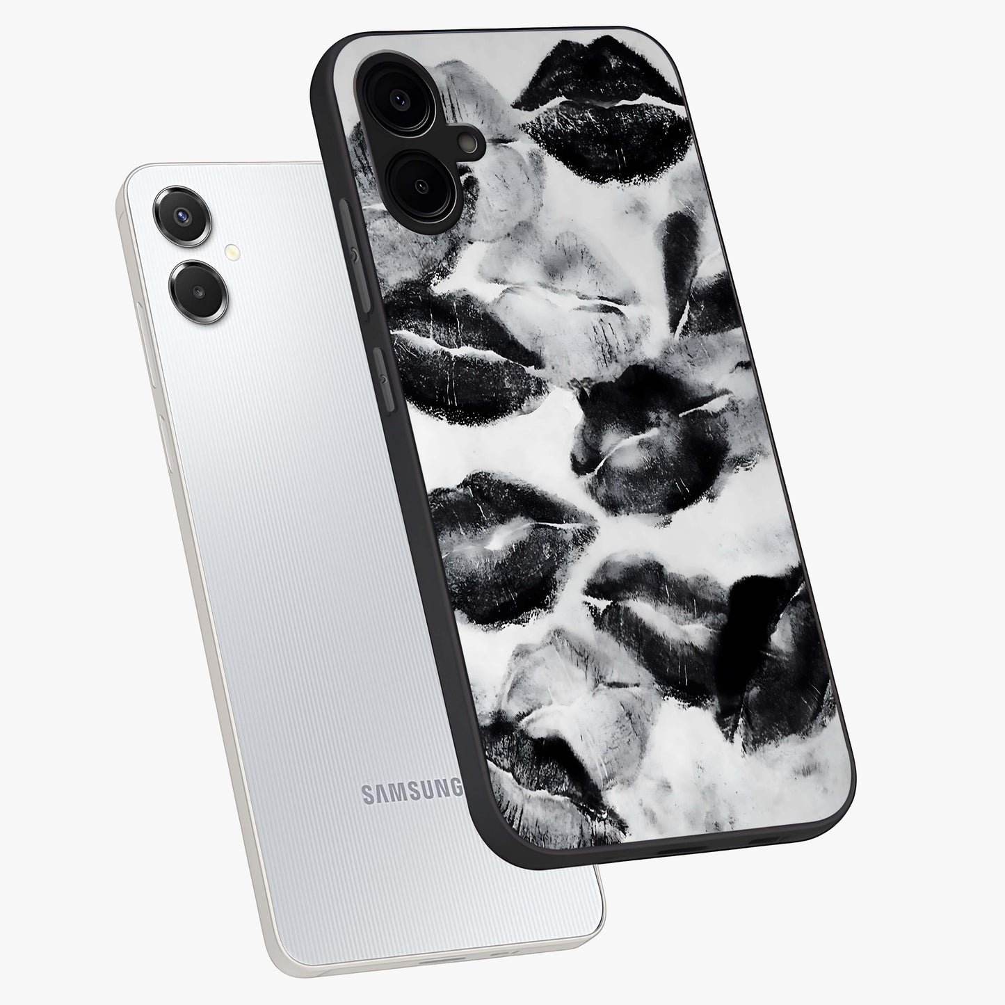 Midnight Kiss Marks Glass Case displayed in angled mockup highlighting playful romantic design with bold midnight aesthetic.