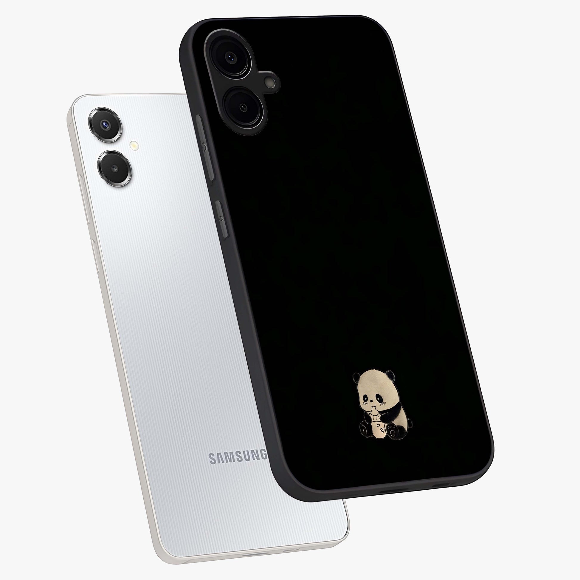 Midnight Panda Love Glass Case displayed in angled mockup highlighting adorable panda illustration with midnight aesthetic.