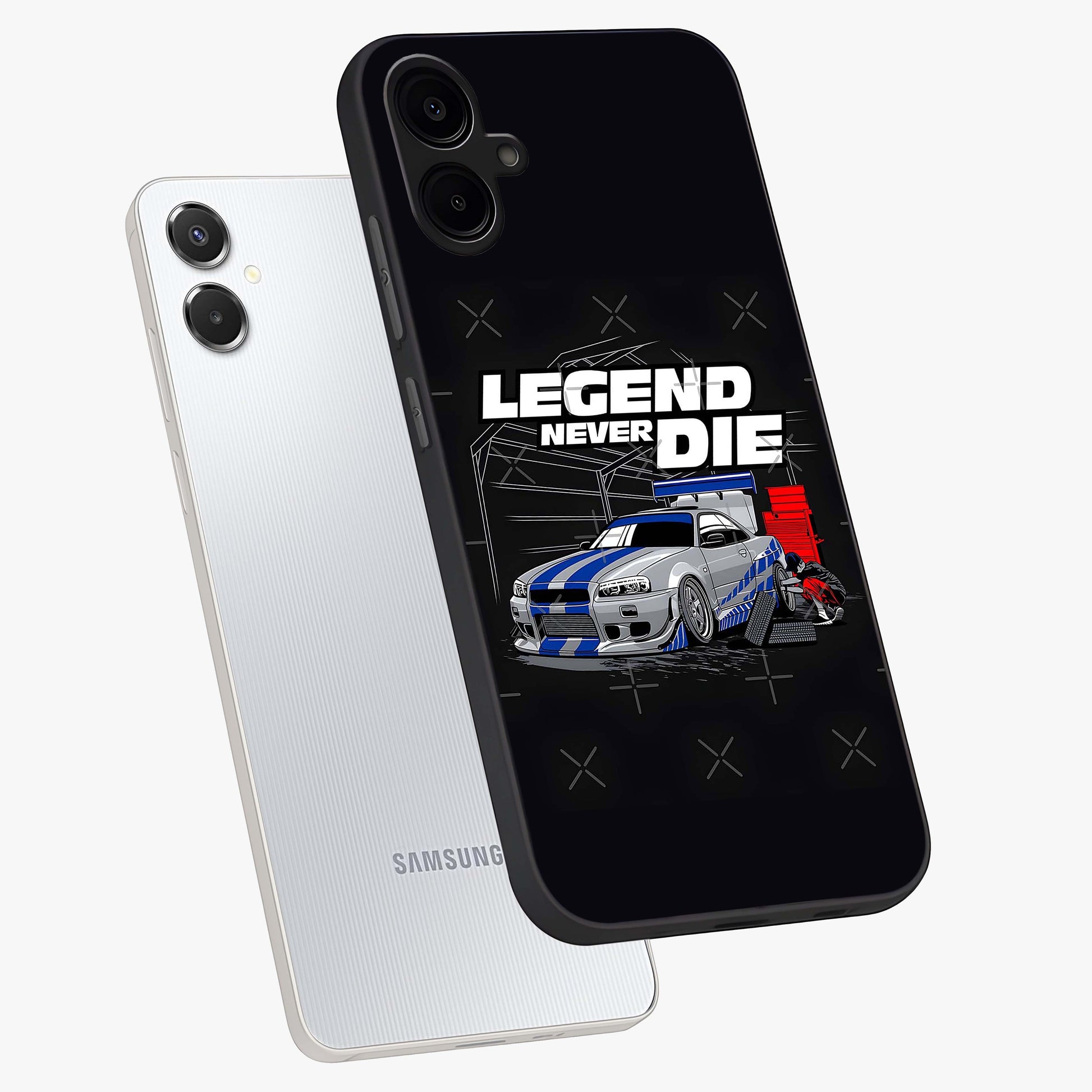 Midnight Racing Legacy Glass Case displayed in angled mockup highlighting dynamic automotive design with bold midnight aesthetic.