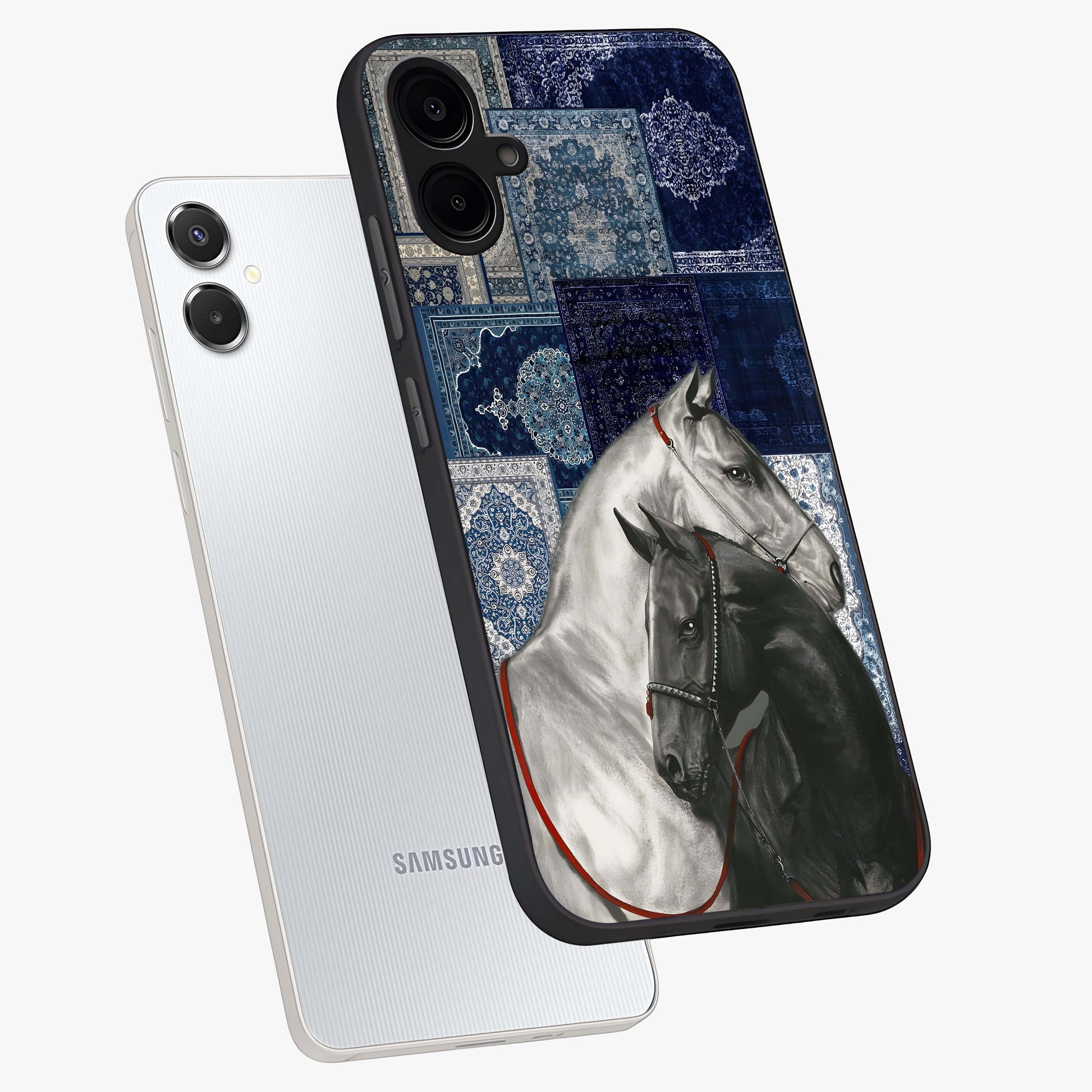 Midnight Stallion Blues Glass Case displayed in angled mockup highlighting powerful stallion illustration with deep midnight tones.
