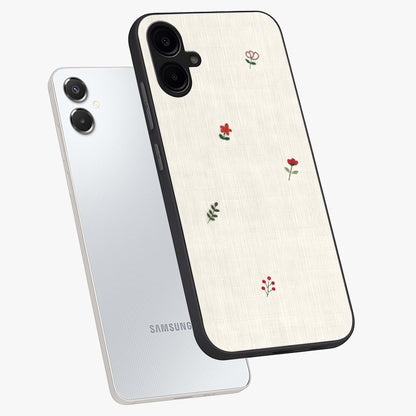 Minimalistic Blue With White Flower Pattern Glass Case displayed in angled mockup highlighting simple floral design with minimal aesthetic.