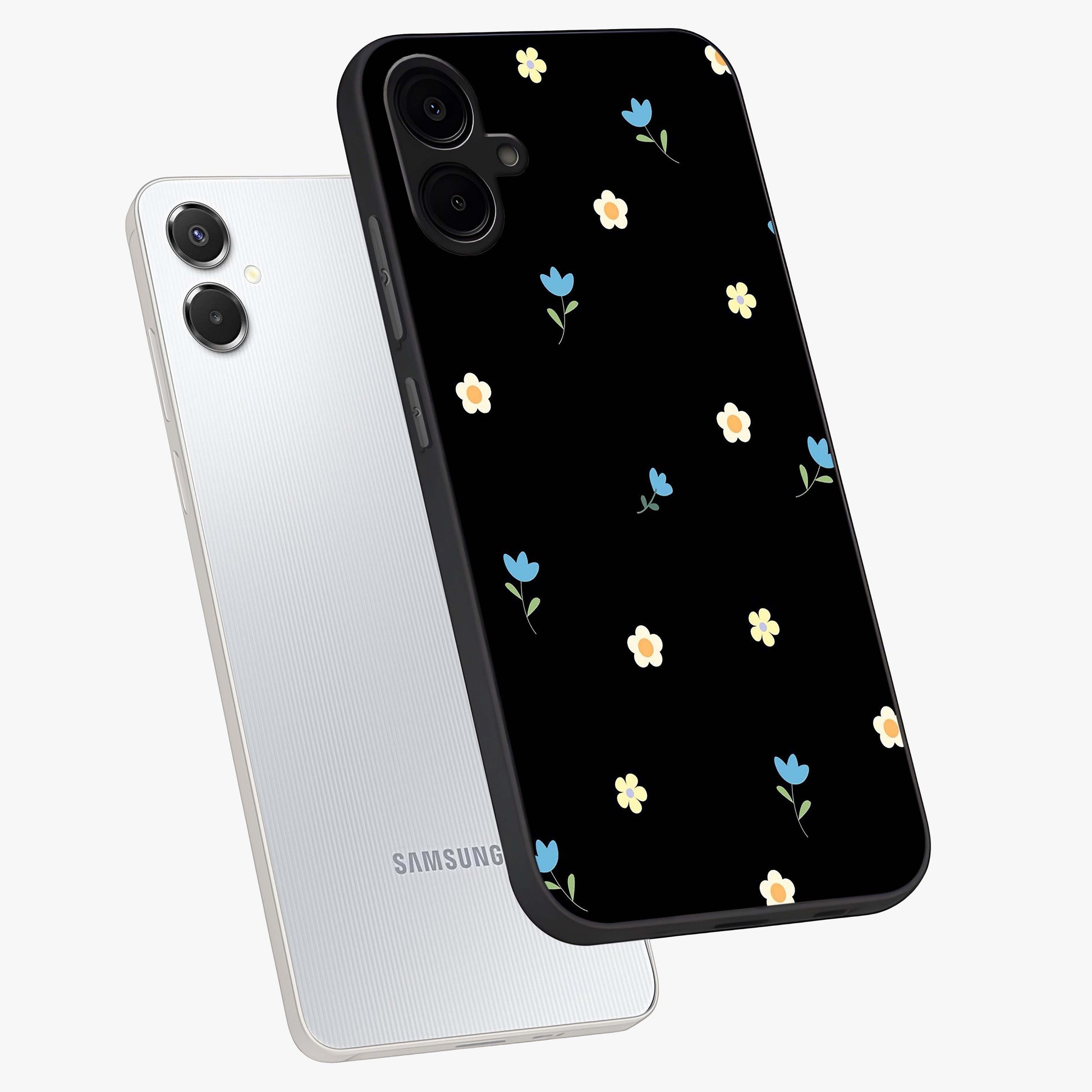 Minimal Petal Whispers Glass Case displayed in angled mockup highlighting delicate petal design with clean minimal aesthetic.