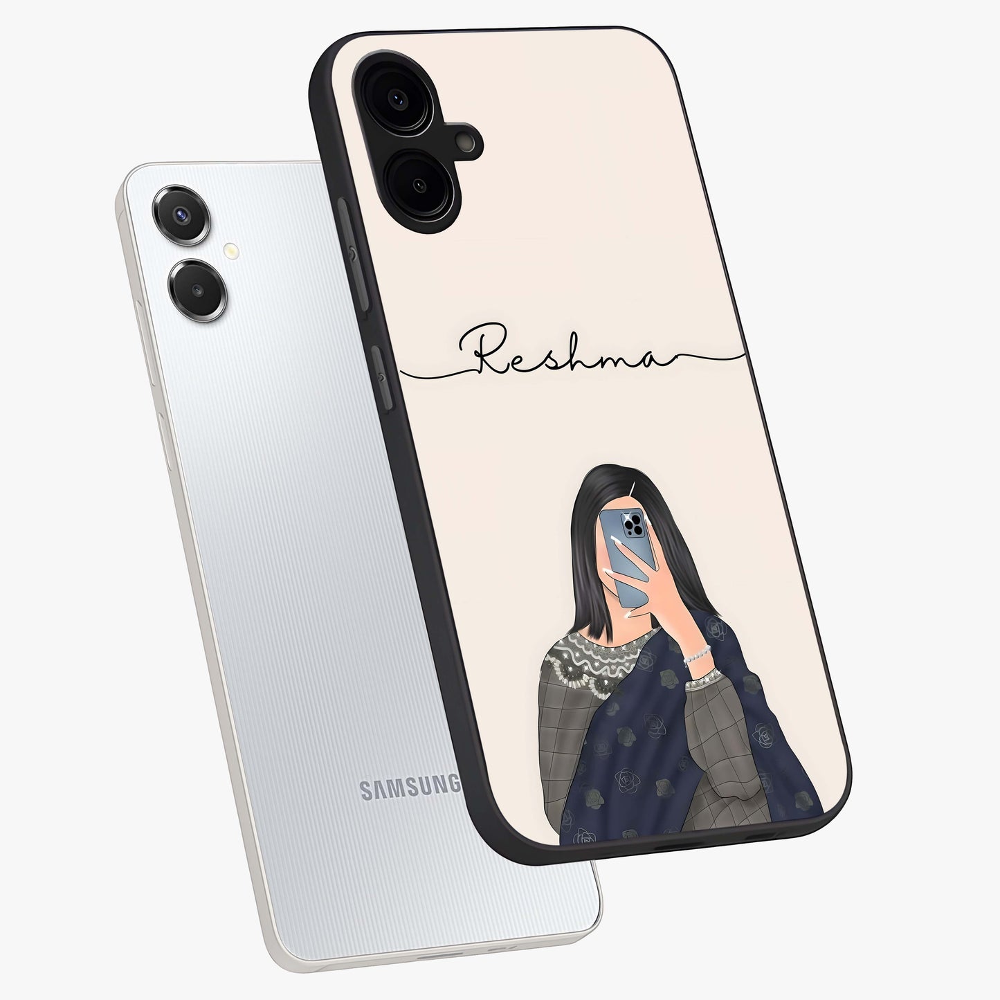 Mirror Mood Muse With Custom Name Glass Case displayed in angled mockup highlighting aesthetic mirror inspired design with custom name feature.