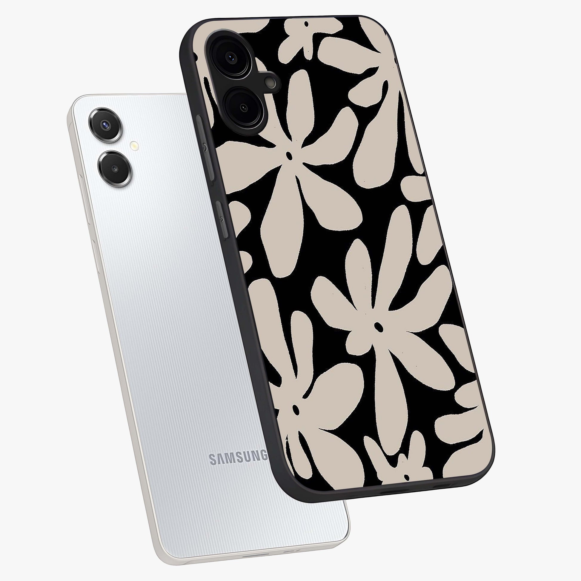 Monochrome Petal Dance Glass Case displayed in angled mockup highlighting elegant petal design with black and white aesthetic.