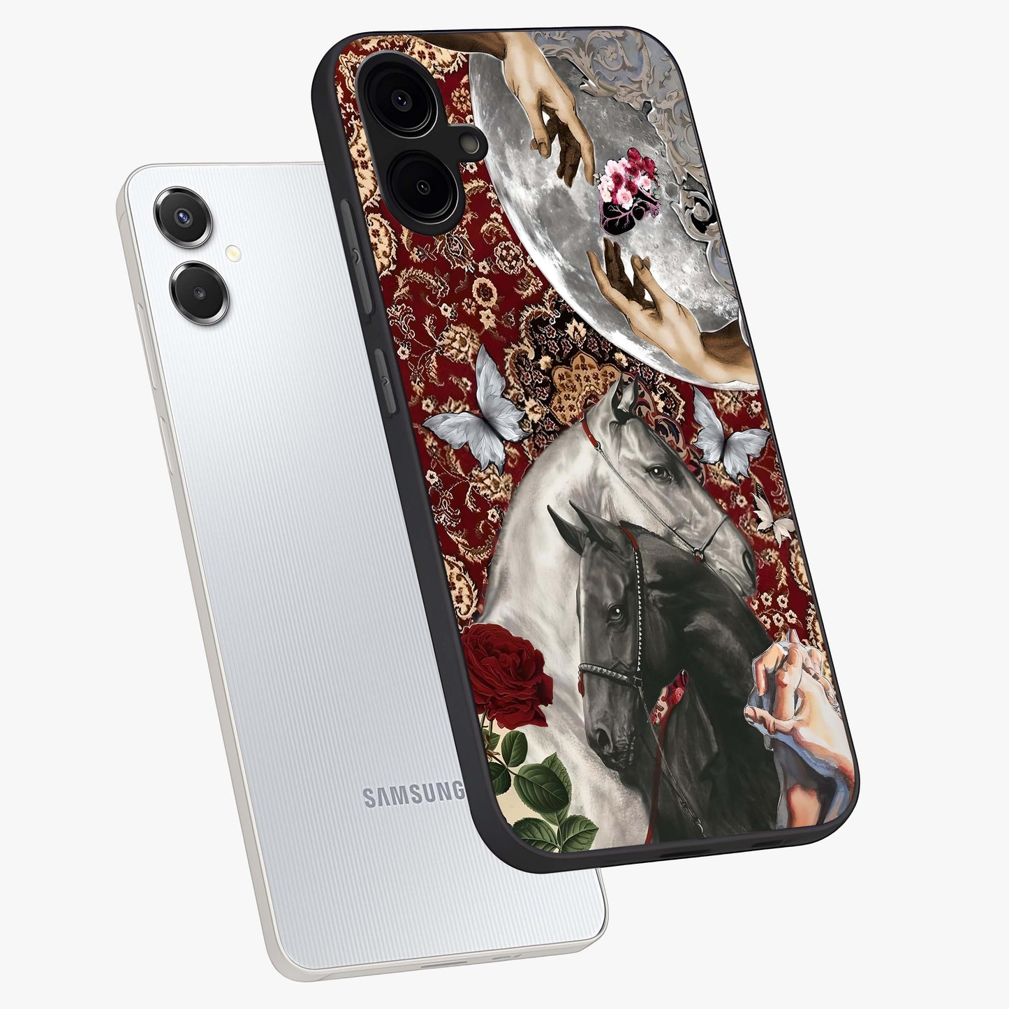 Moonlit Royal Stallion Glass Case displayed in angled mockup highlighting powerful stallion illustration with royal night aesthetic.