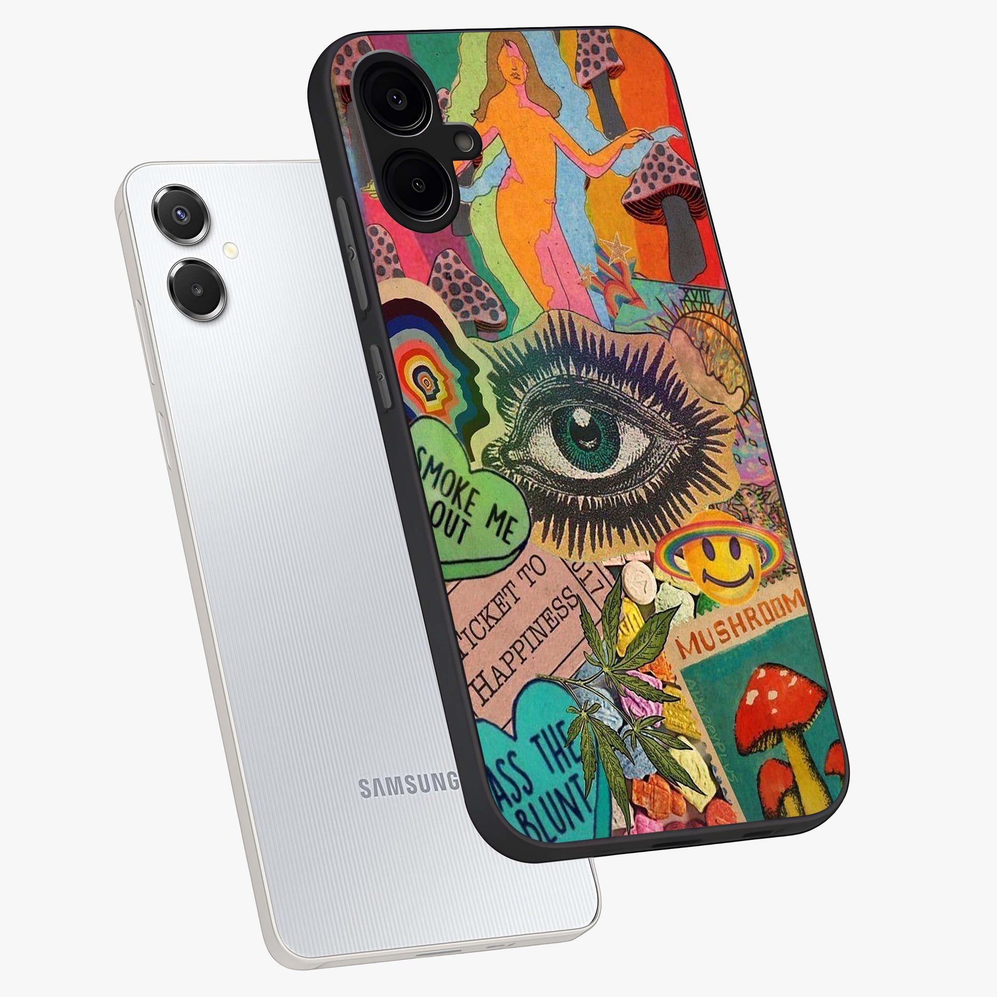 Mystic Eye Wonderland Glass Case displayed in angled mockup highlighting magical eye illustration with dreamy aesthetic.