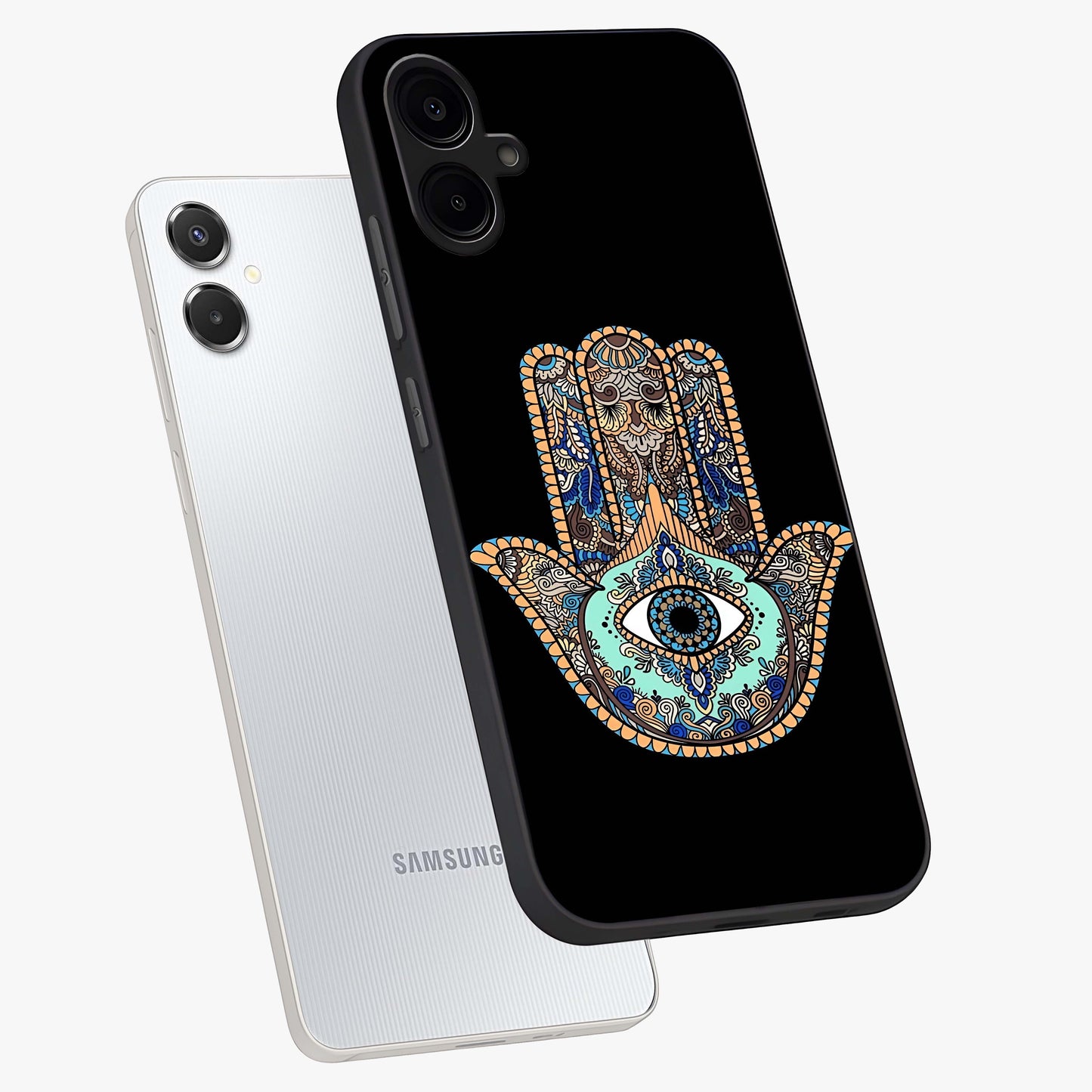 Mystic Hamsa Eye Glass Case displayed in angled mockup highlighting spiritual hamsa symbol with mystical aesthetic style.