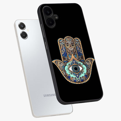 Mystic Hamsa Eye Glass Case displayed in angled mockup highlighting spiritual hamsa symbol with mystical aesthetic style.