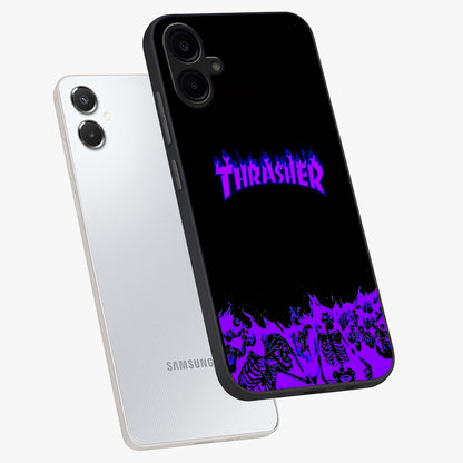 Neon Flame Riot Glass Case displayed in angled mockup highlighting glowing flame design with vibrant neon aesthetic.