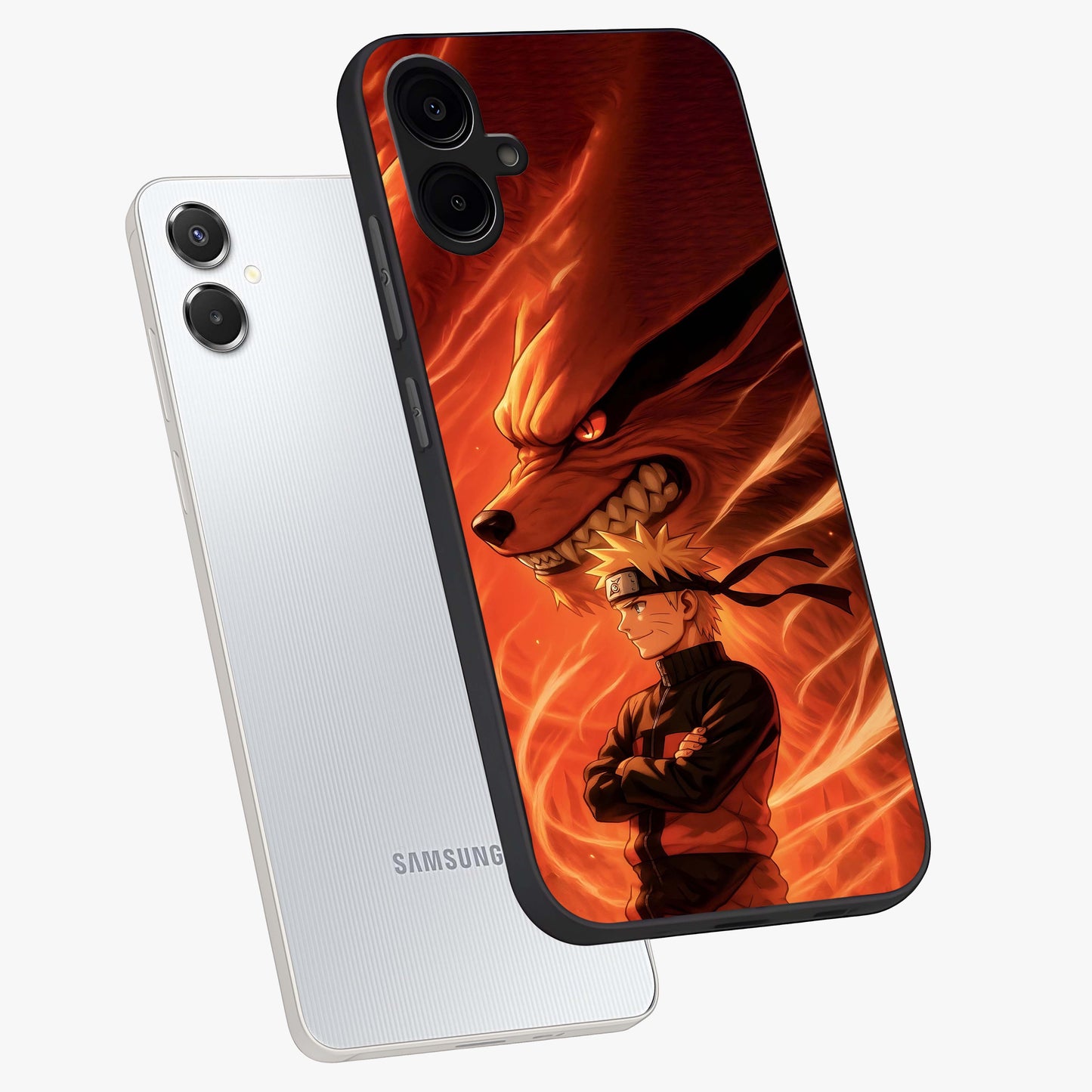 Nine Tails Legacy Glass Case displayed in angled mockup highlighting dynamic anime beast illustration with bold mystical aesthetic.