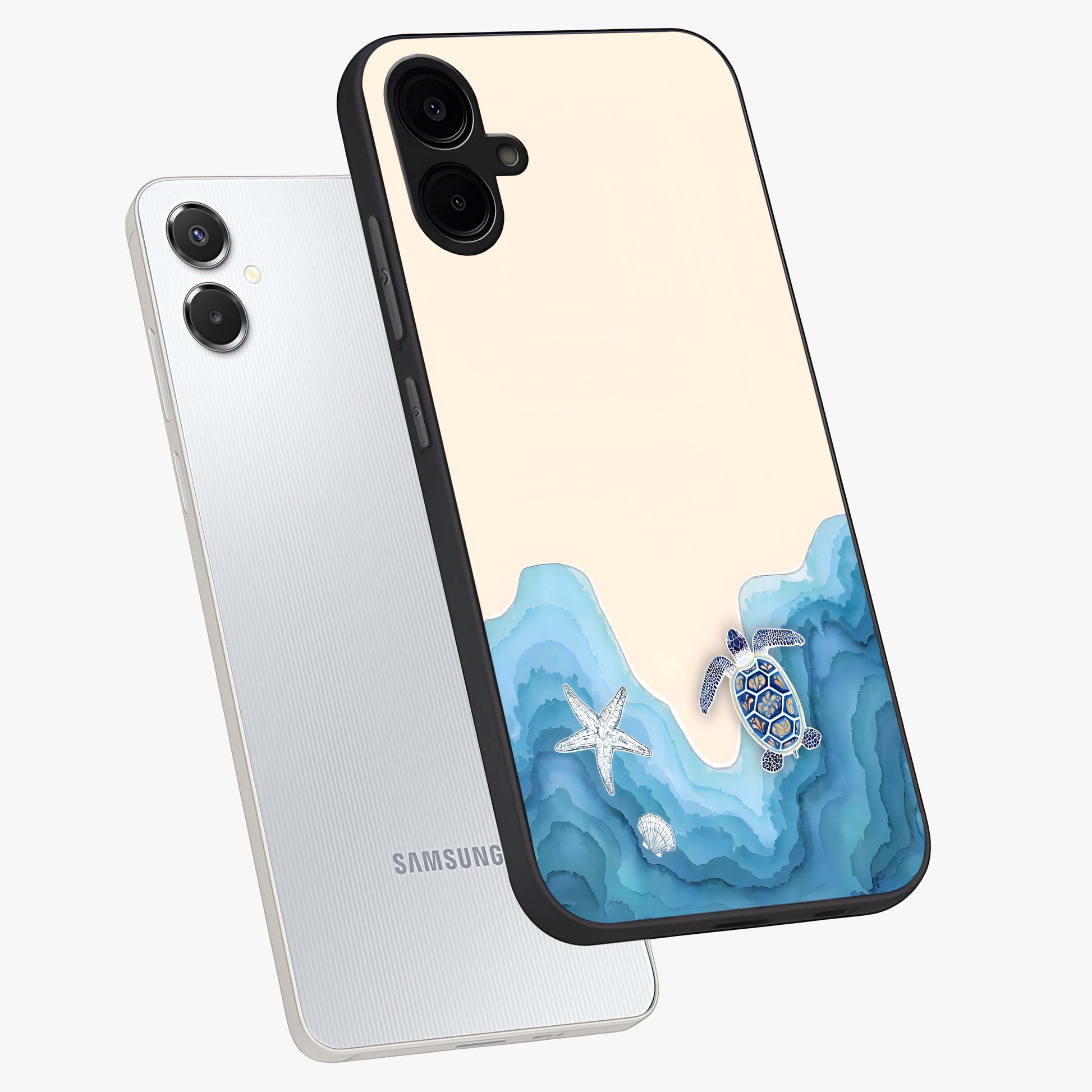 Ocean Drift Turtle Glass Case displayed in angled mockup highlighting peaceful ocean turtle illustration with marine aesthetic.
